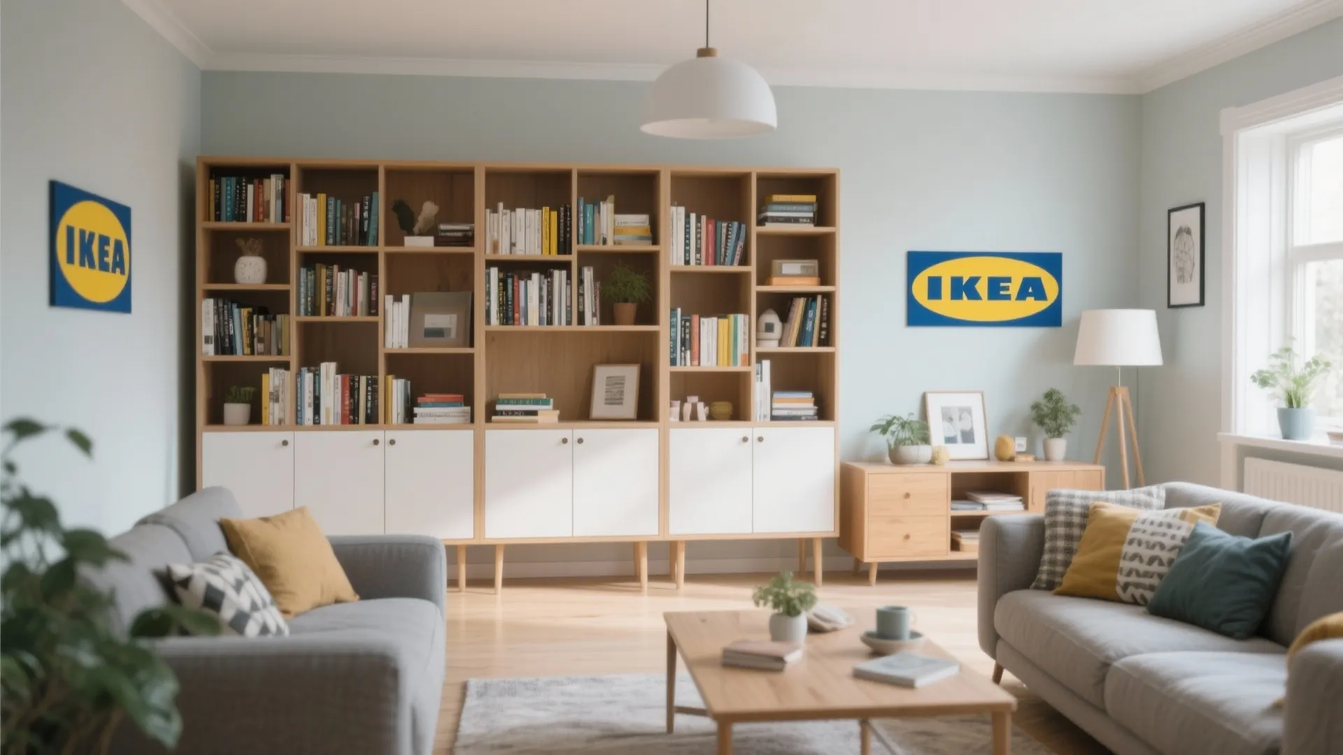 Billy bookcase with open and closed storage sections in living room