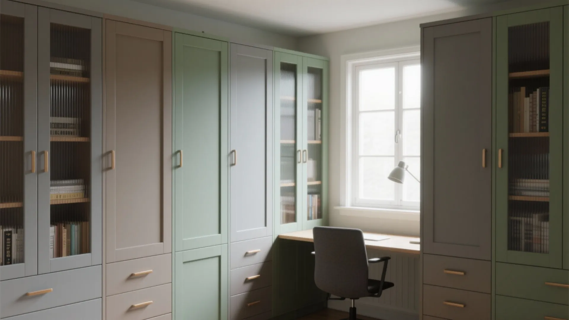 Home office with colorful storage cabinets and desk area next to a bright room window