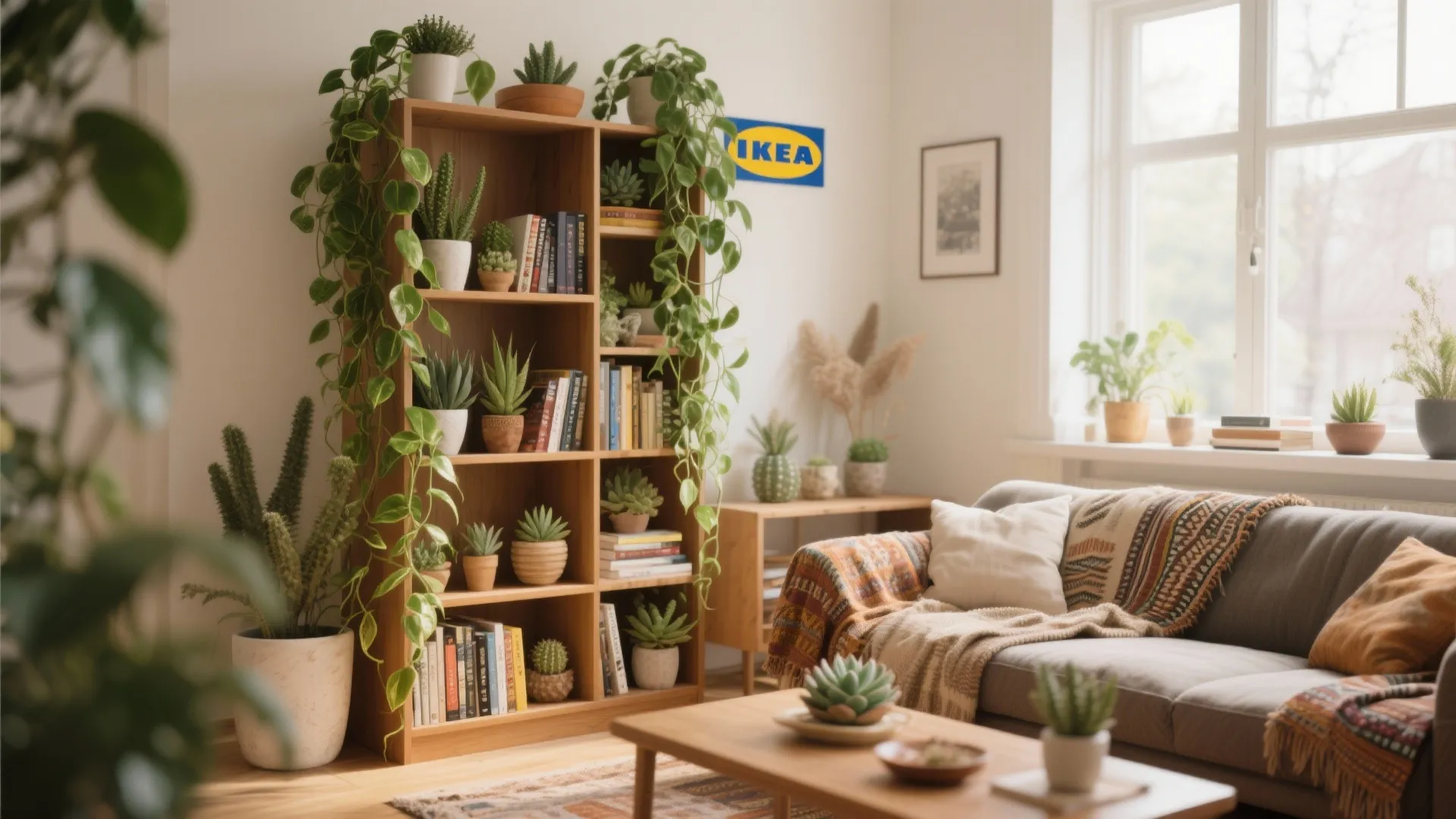 Billy bookcase in boho living room decorated with plants
