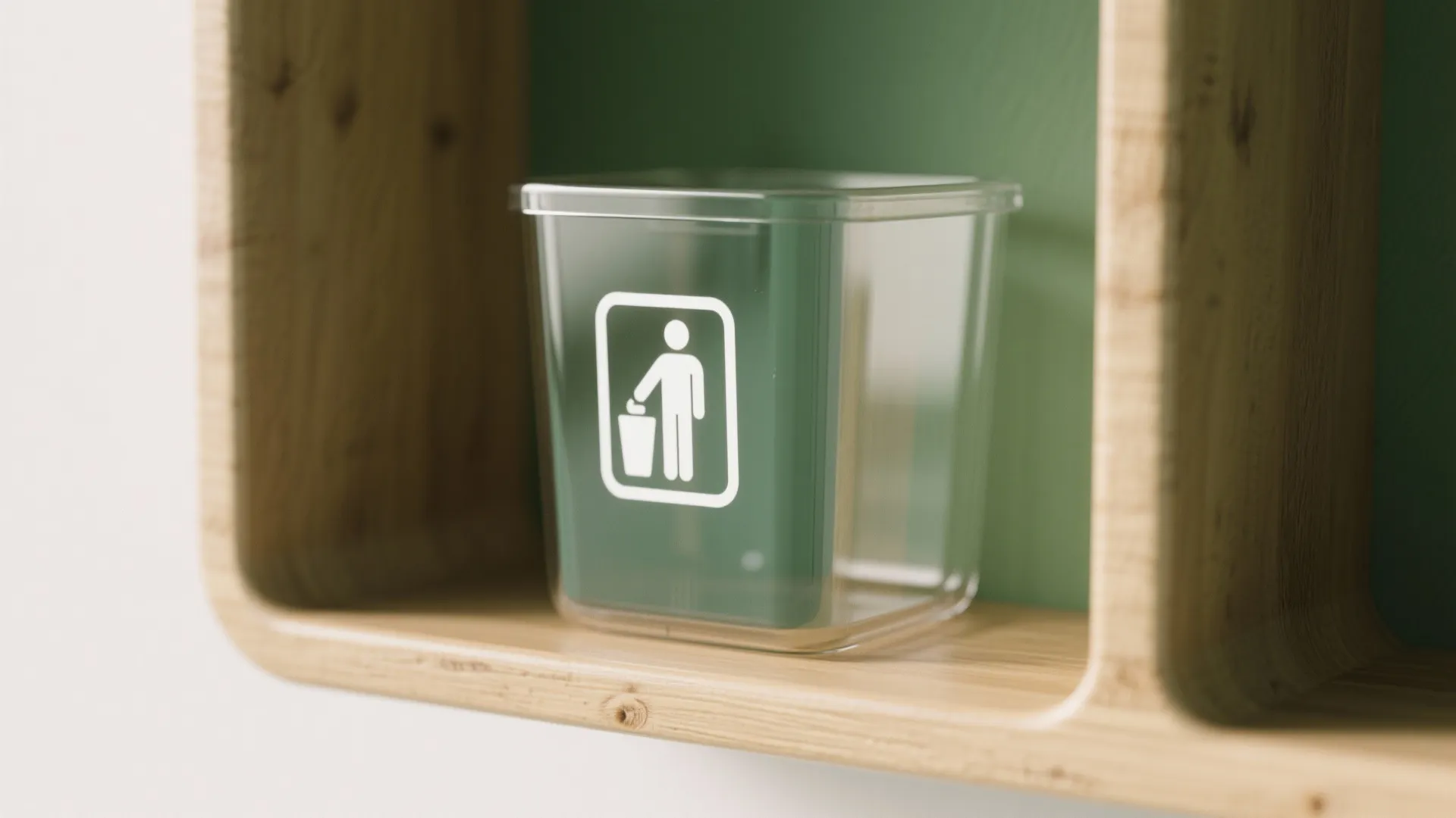 Macro view of a clear plastic bin with a white person icon on wooden shelf
