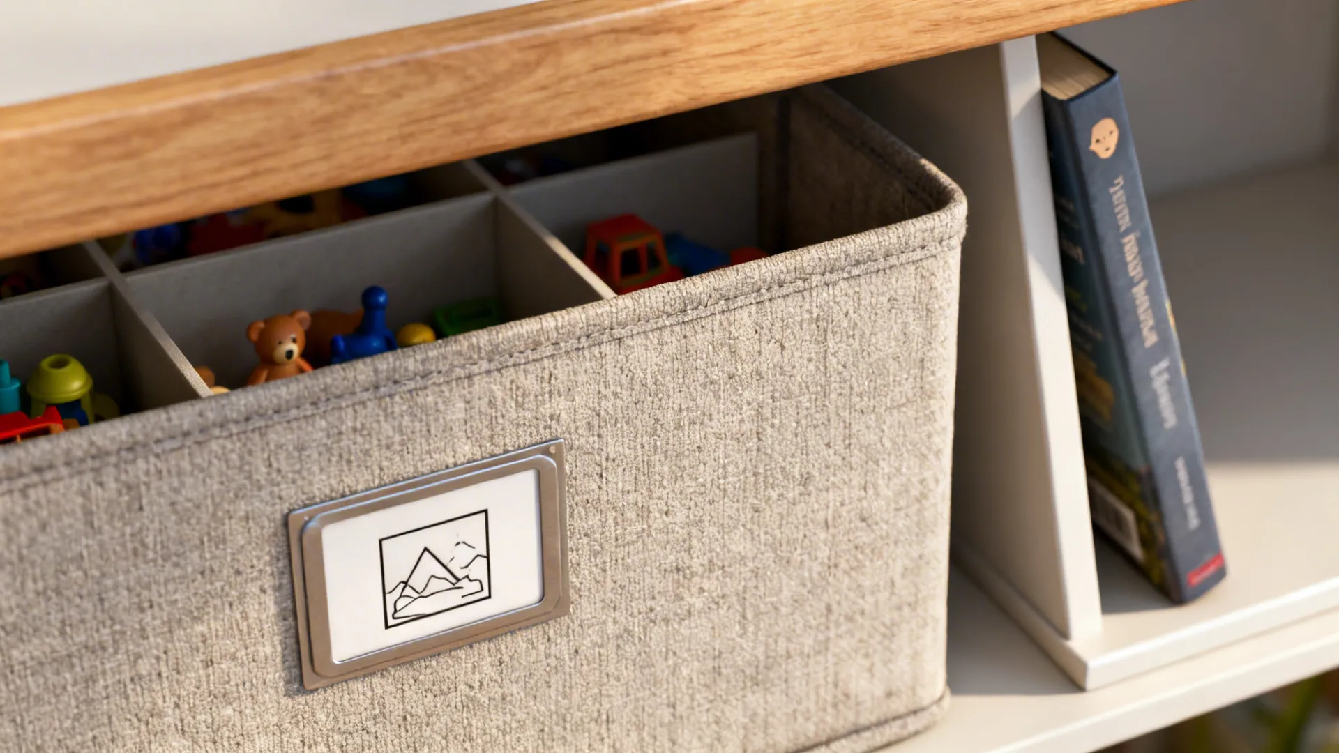 Macro of a fabric storage bin with a picture label and a shallow divided drawer for small toys.