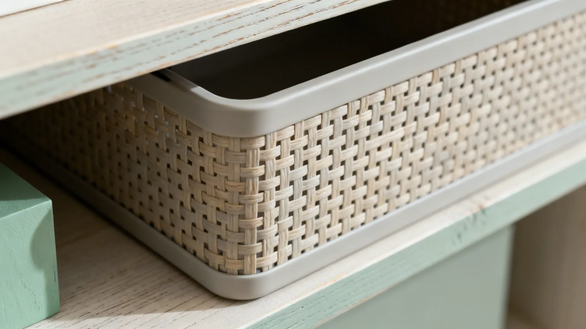Close-up of a labeled pull-out bin on a low shelf with soft textures and daylight.