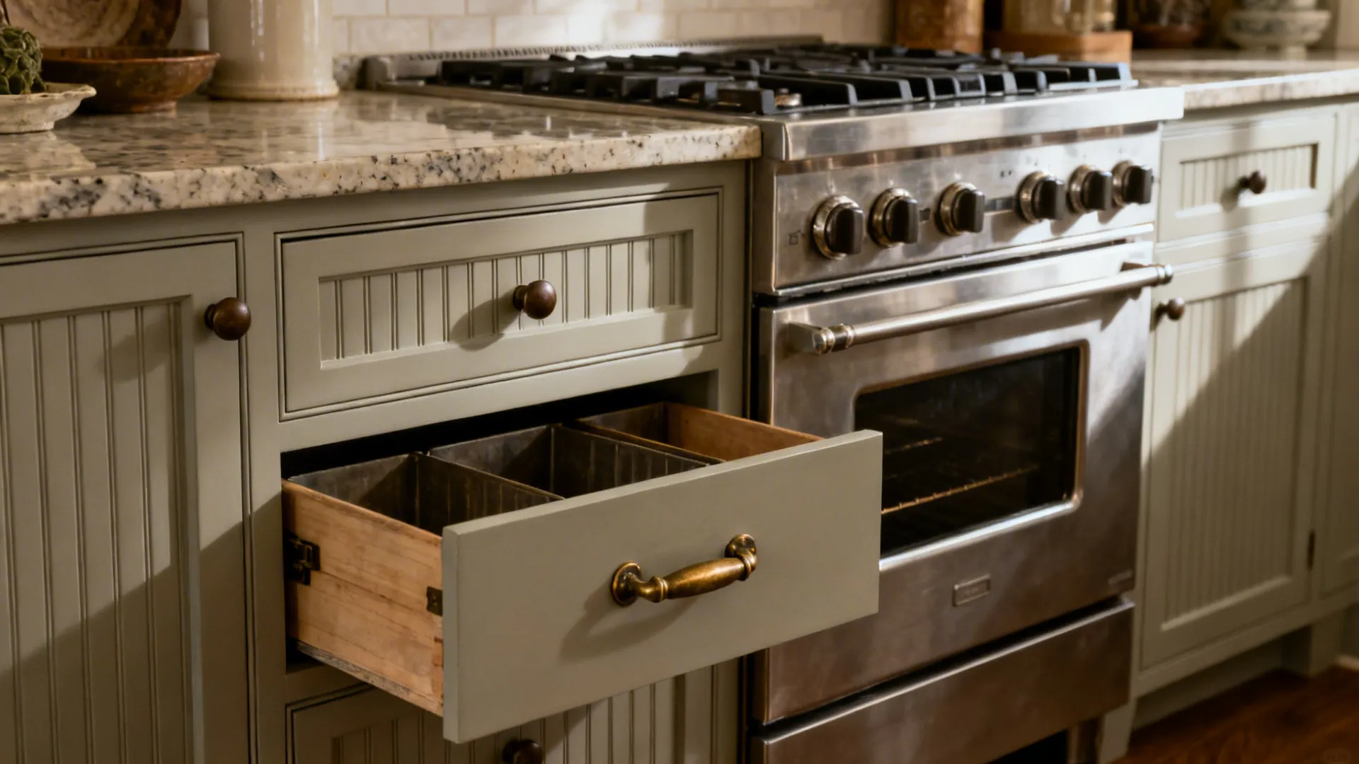 Base drawers with bin pulls paired with round knobs on cabinet doors in a transitional kitchen.