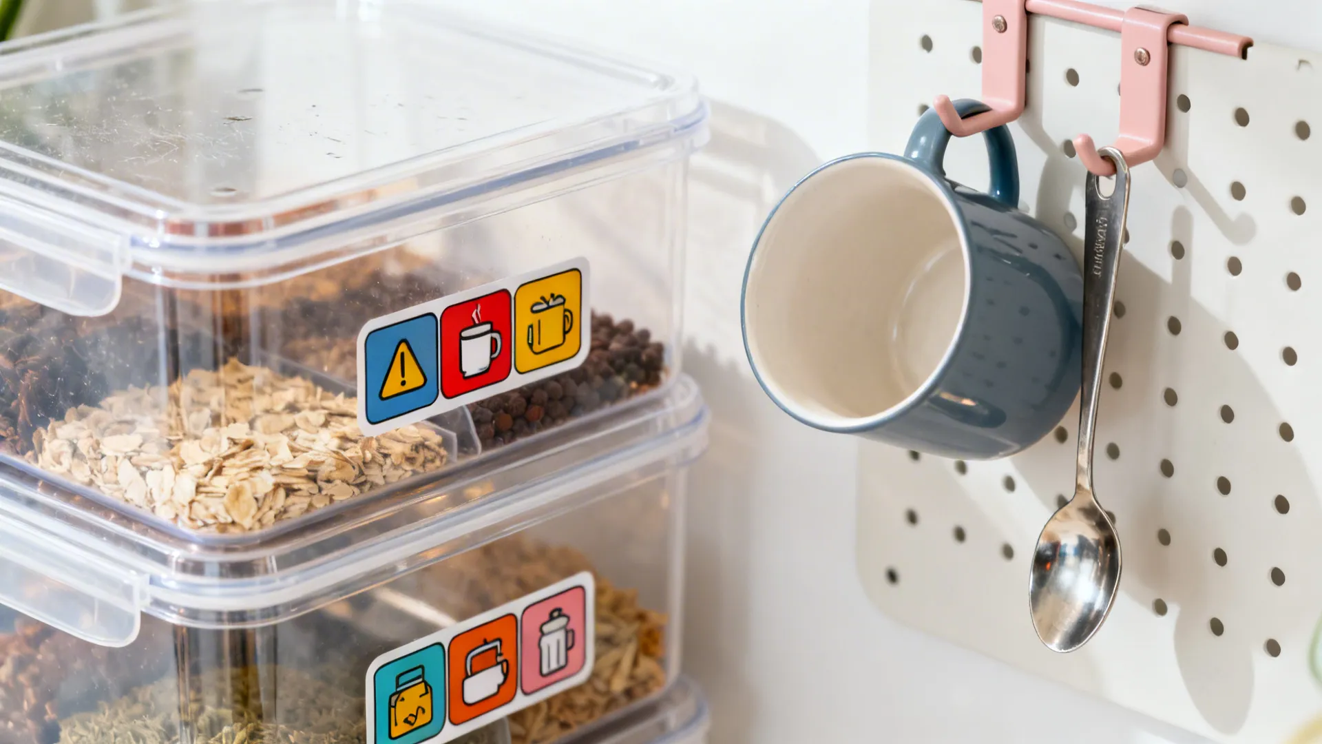 Macro of a clear storage bin and pegboard hook with neatly organized items.
