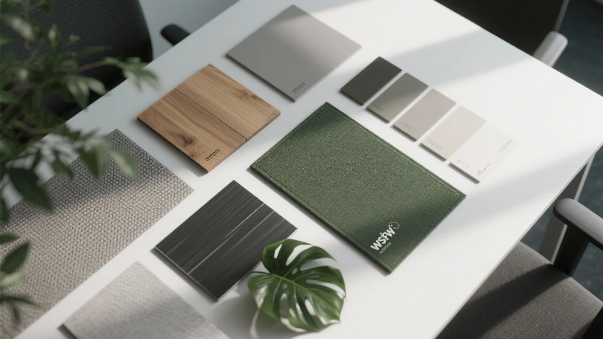 Modern interior design material samples on white table with wood texture fabric and green leaf