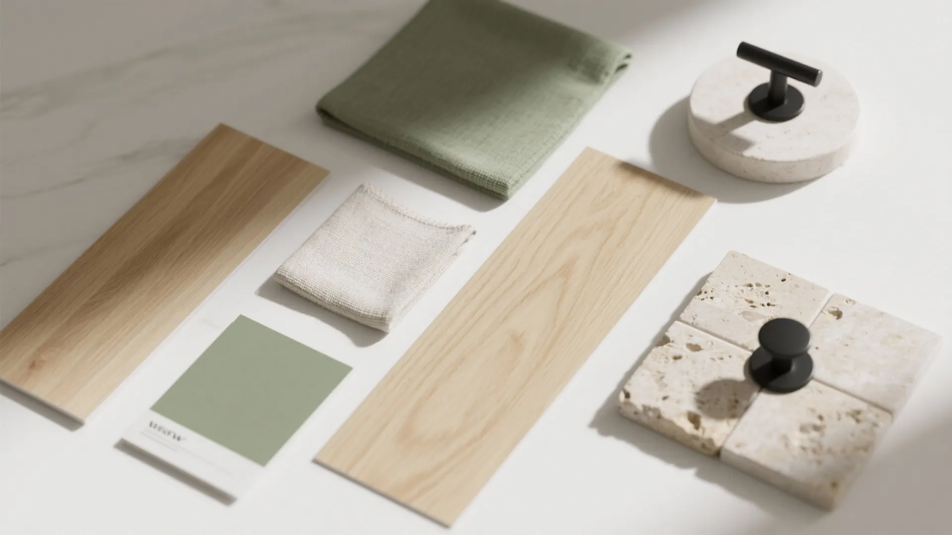 Interior design mood board with wood samples green fabric stone tiles and a color paint card