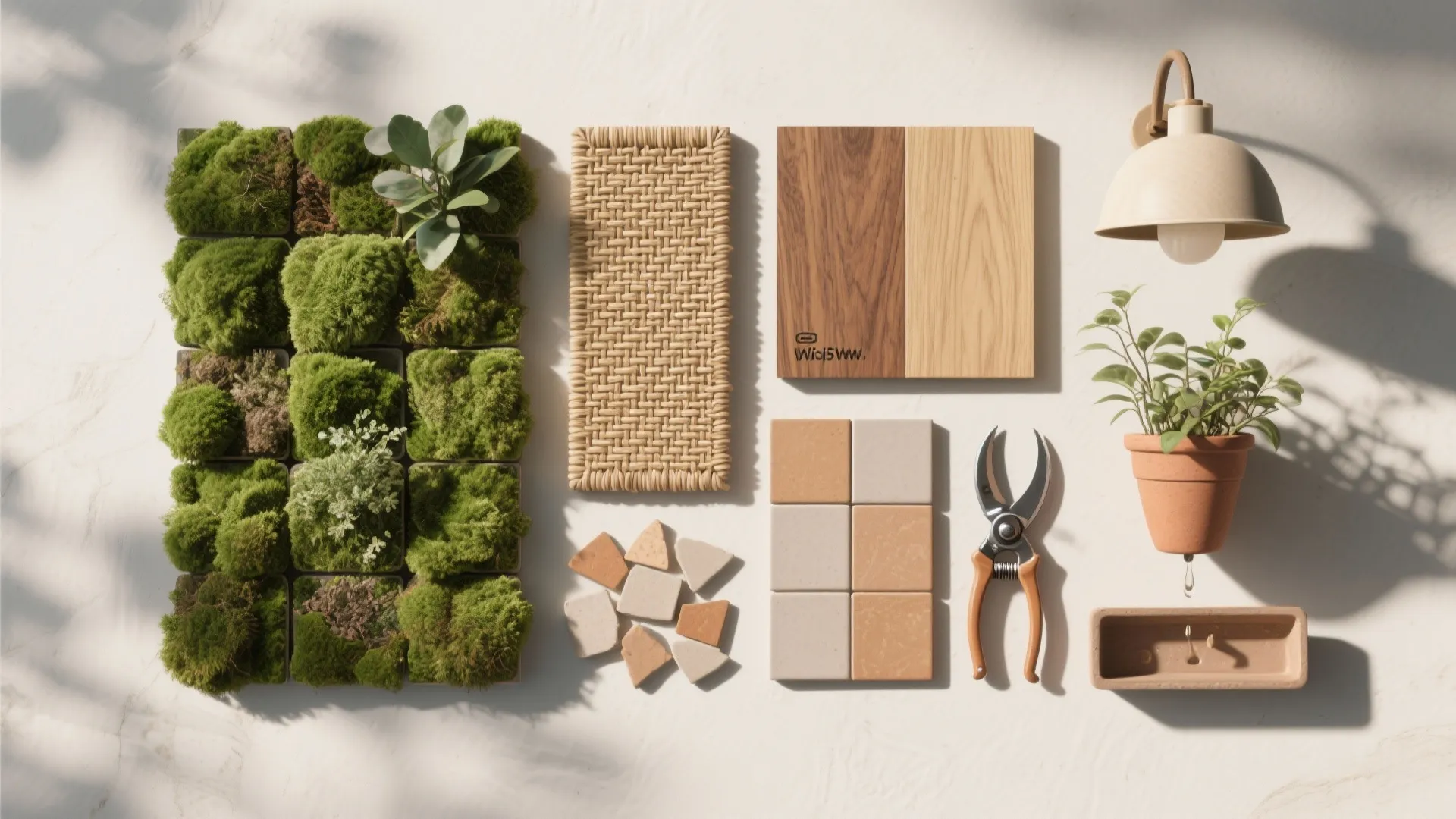 Flat lay of interior design materials including moss wood samples tiles and a small potted plant