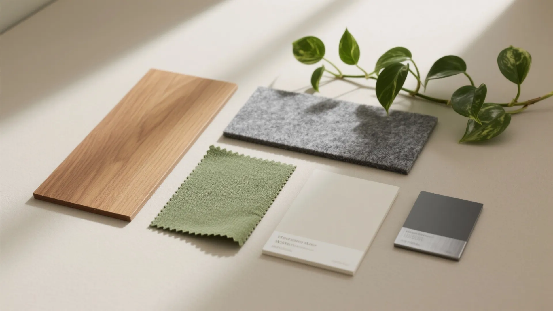 Material flat lay with warm wood laminate, plant leaves, gray felt, and neutral textiles for a calming study room palette
