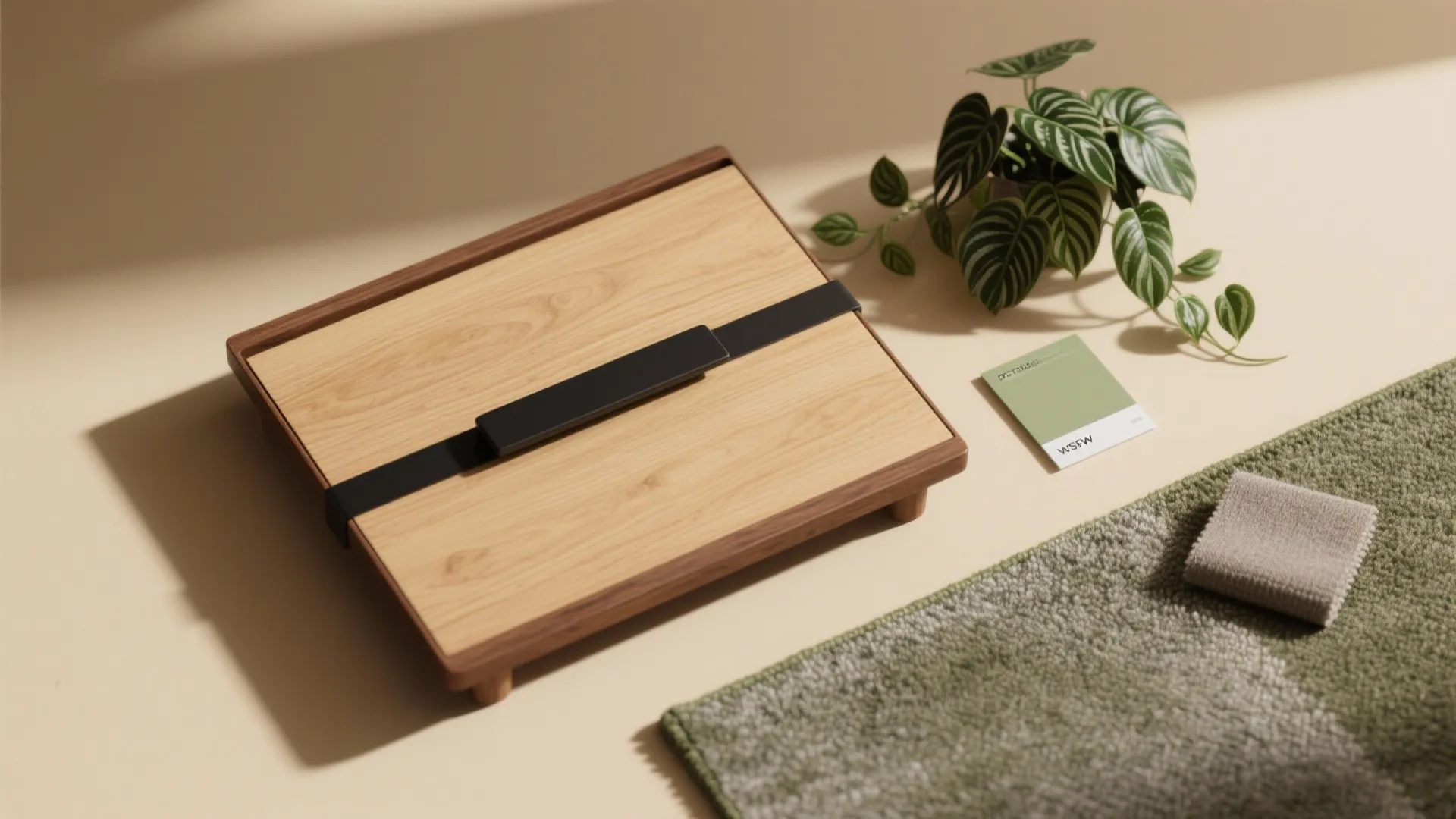 Wooden board with black strap next to green plant green rug and grey fabric sample