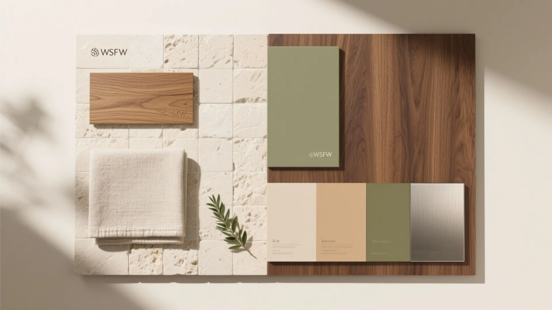 Interior design material board with wood panels, stone tiles, green fabric, and various color samples