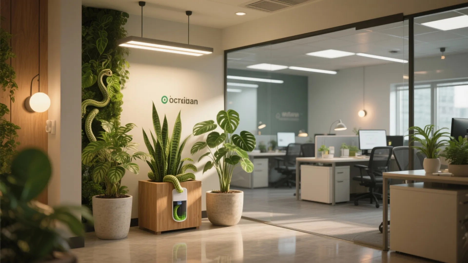 Modern office entrance featuring green wall plants wooden pots linear ceiling light and glass partitions