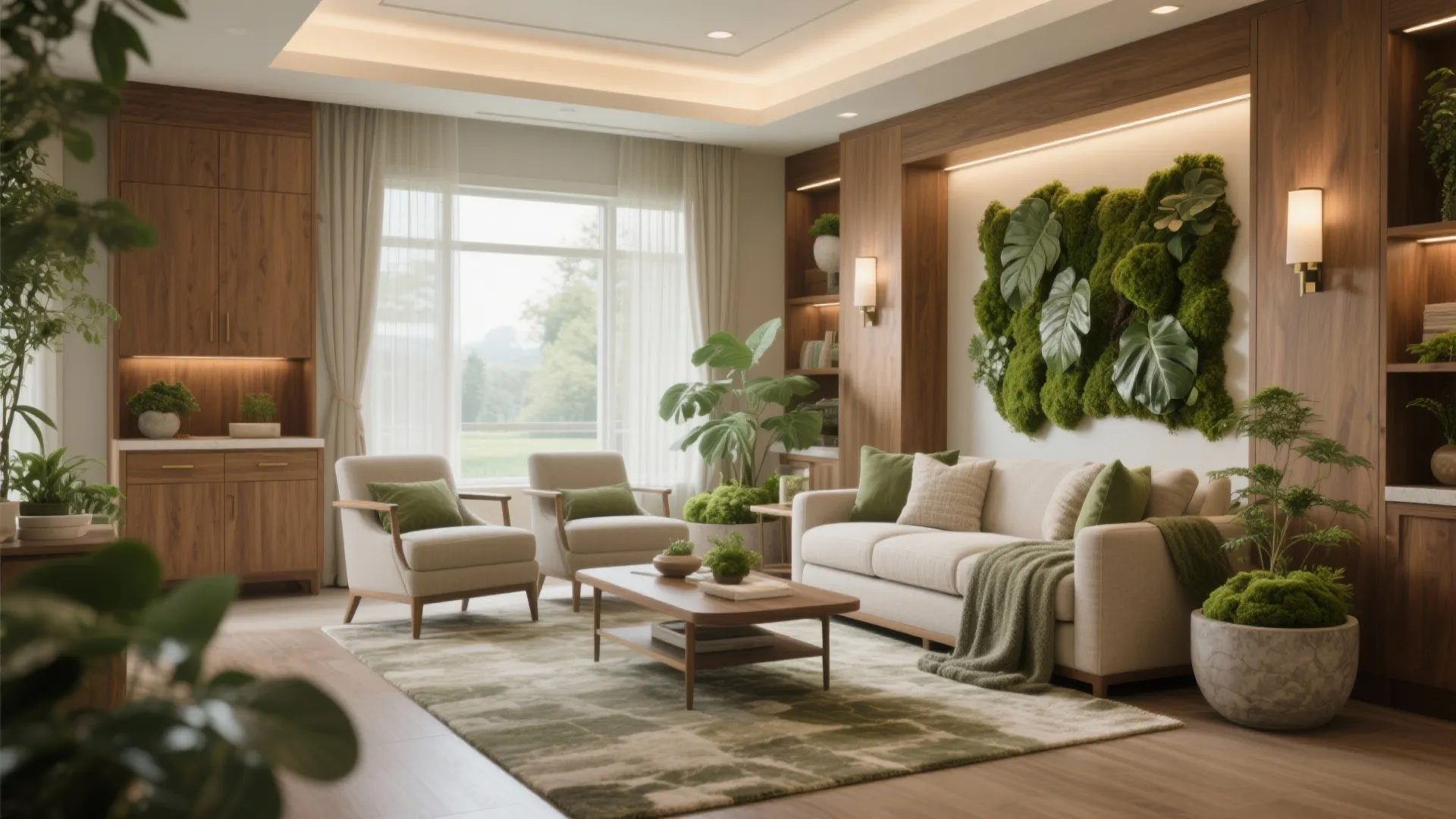 Modern living room with white sofa wooden wall panel green plants coffee table and ceiling light