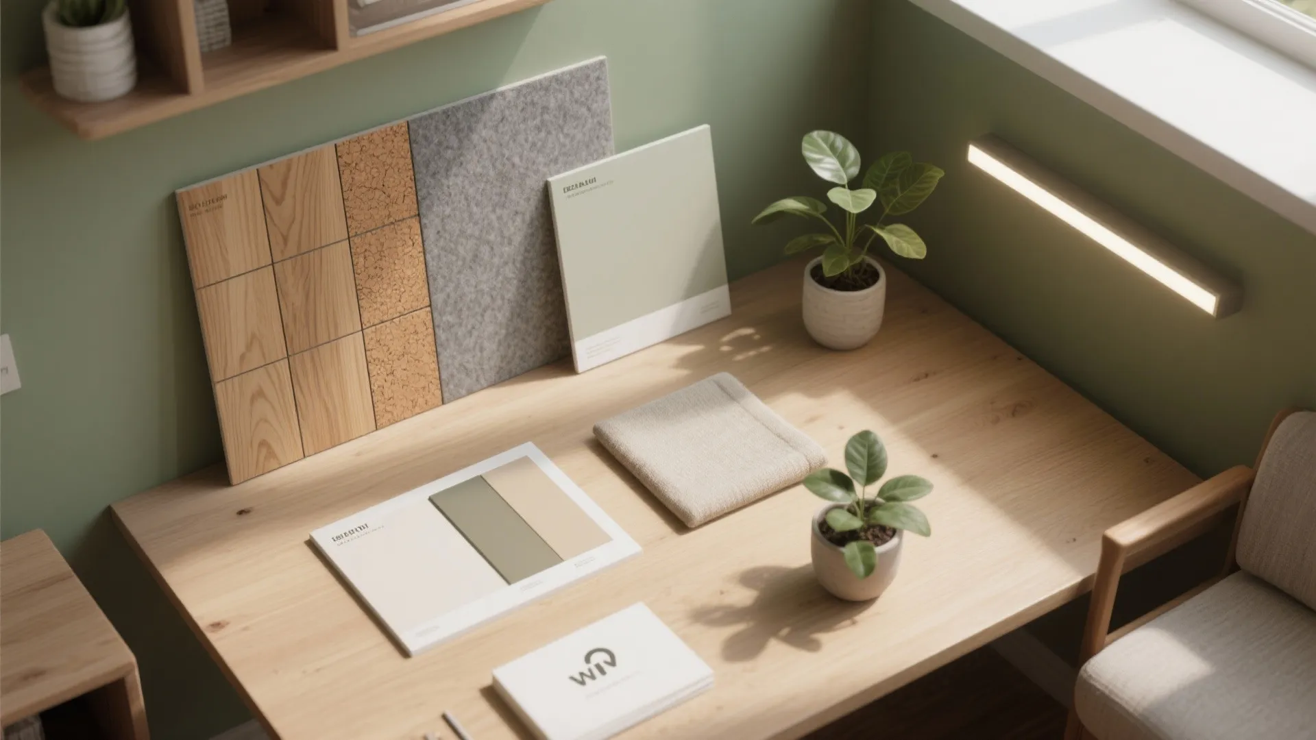 Interior design materials on wooden desk featuring wood tile samples fabric swatches and small green plants