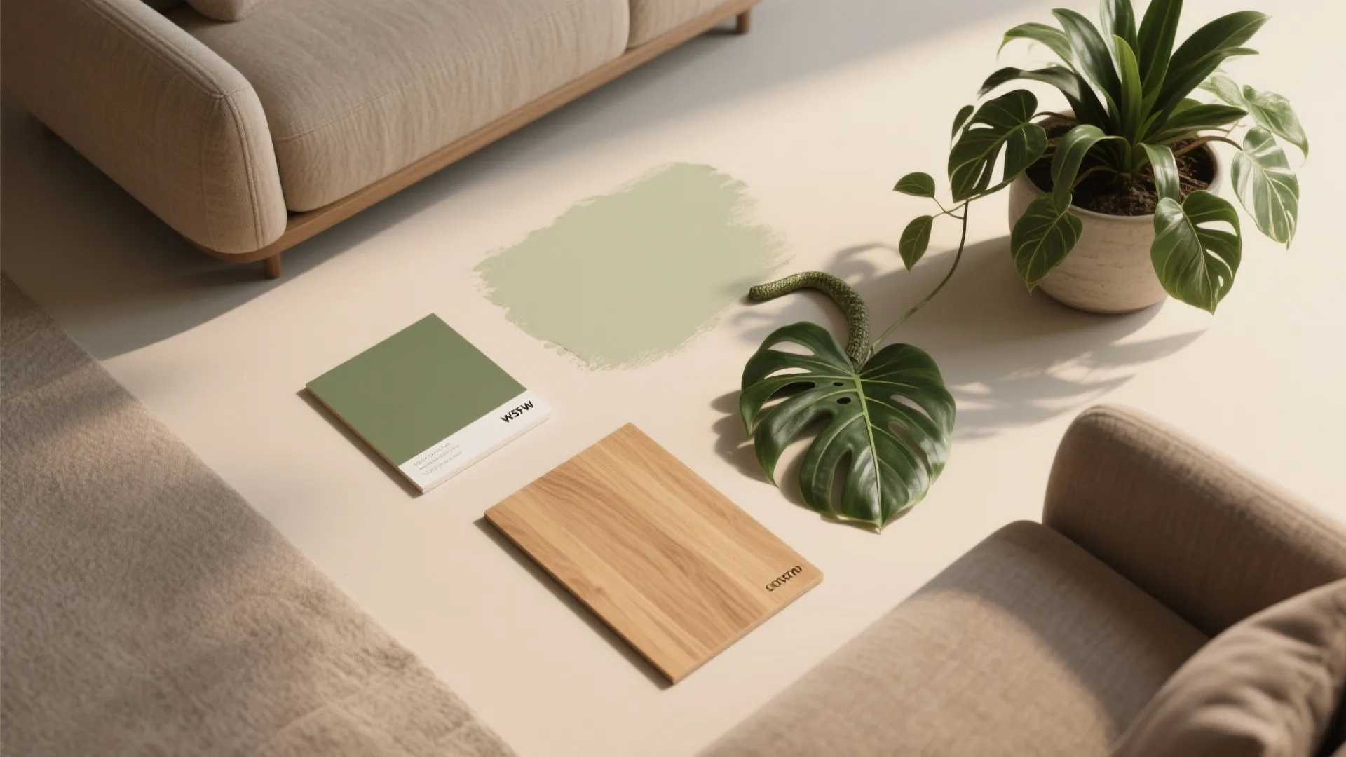 Interior design color palette with green paint samples wood board potted plant and sofa scene