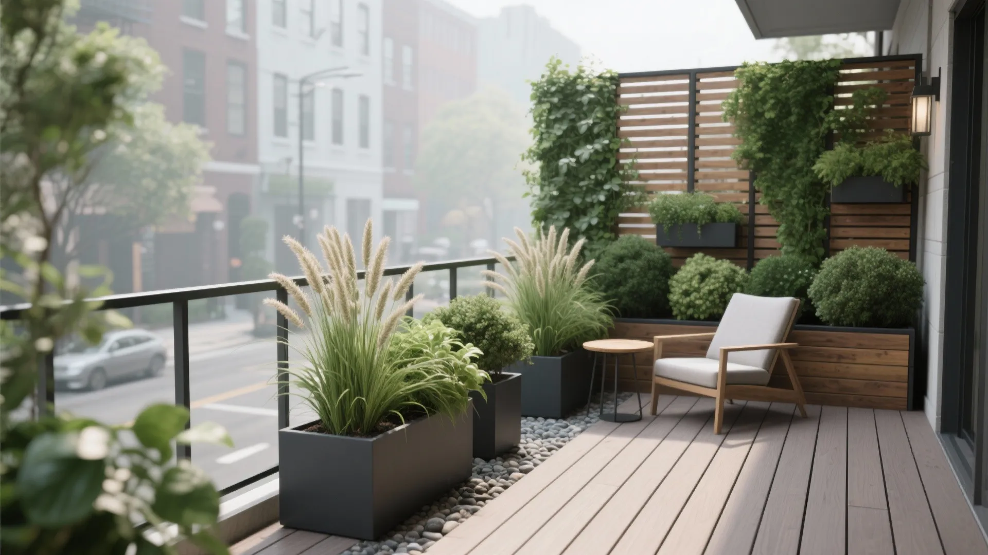 Urban balcony with wooden deck grey chair small round table wall panel and green plants