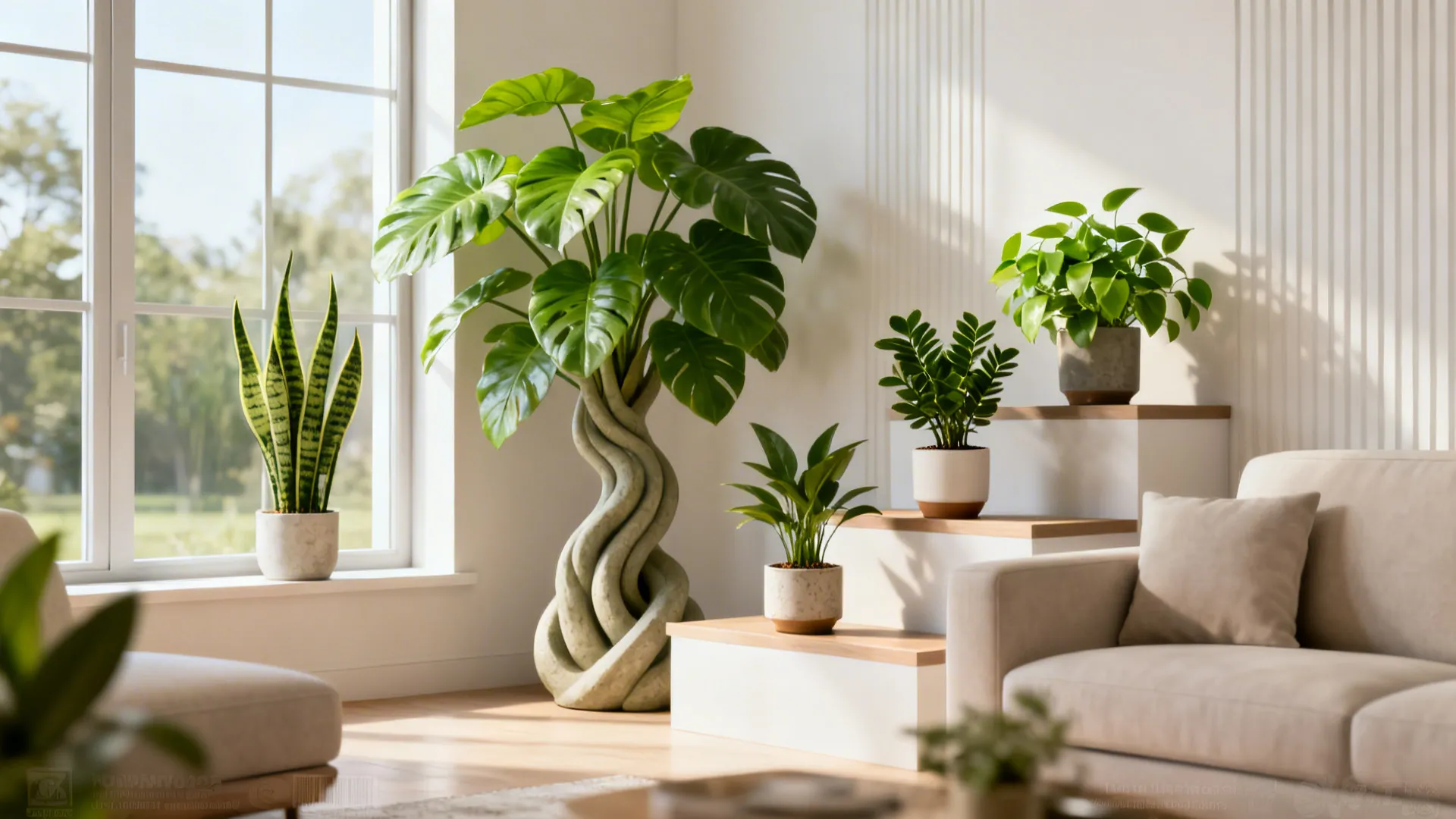 Living room with a large sculptural plant by the window and a trio of small potted plants on shelves.