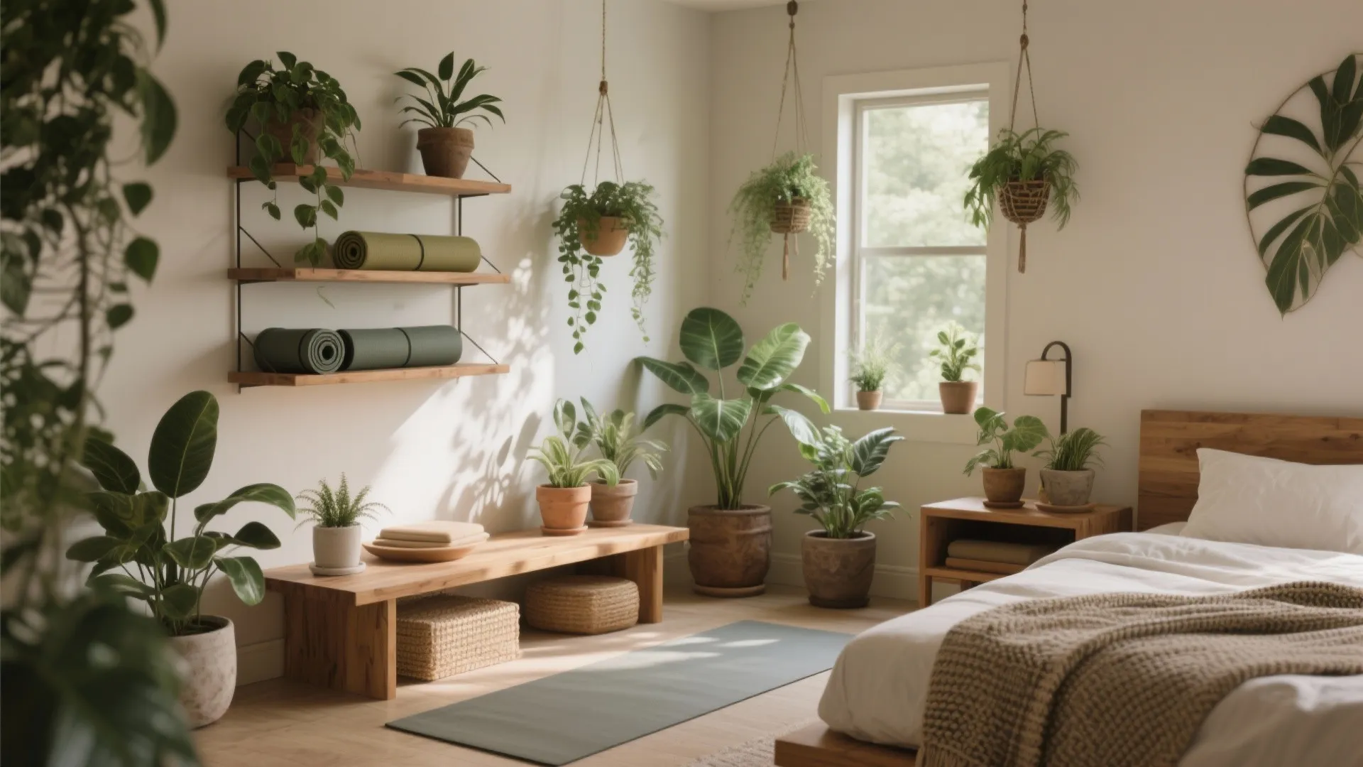 Bright bedroom filled with many green indoor plants wooden furniture and yoga mat for wellness