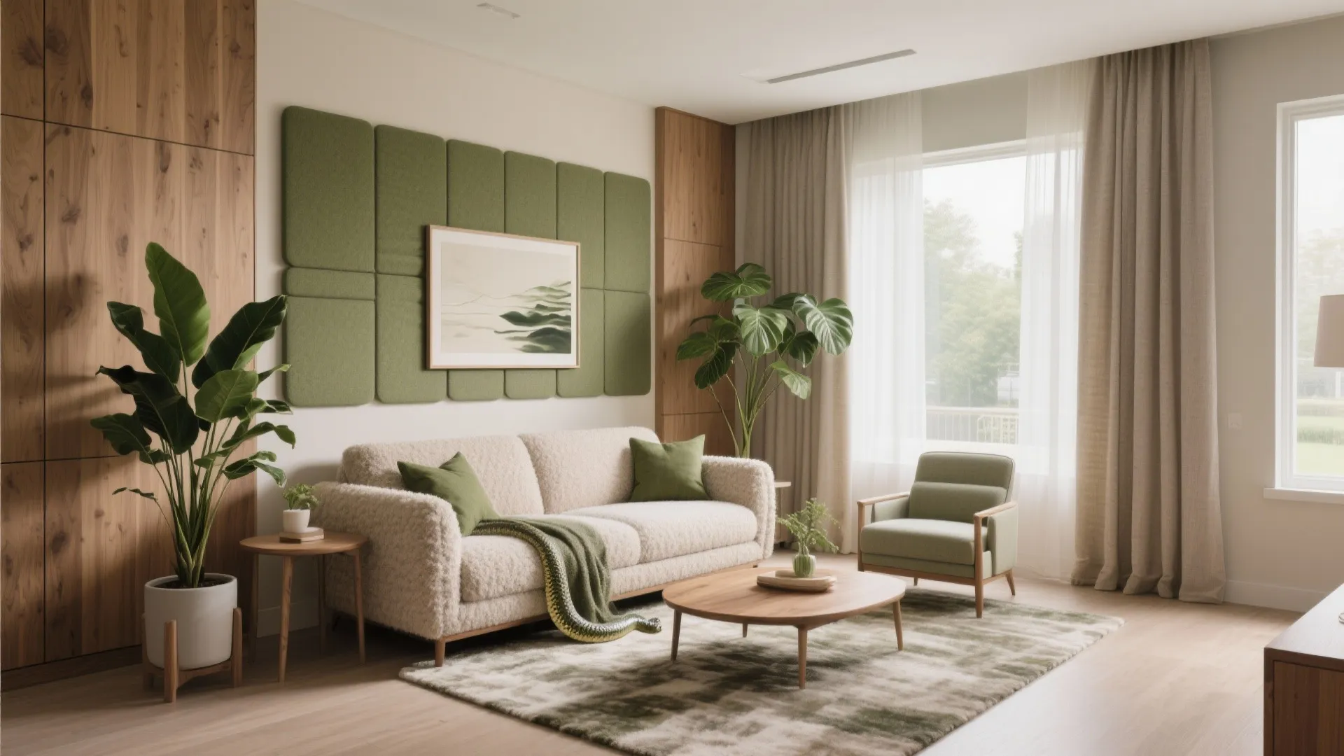 Calming biophilic materials and acoustic comfort