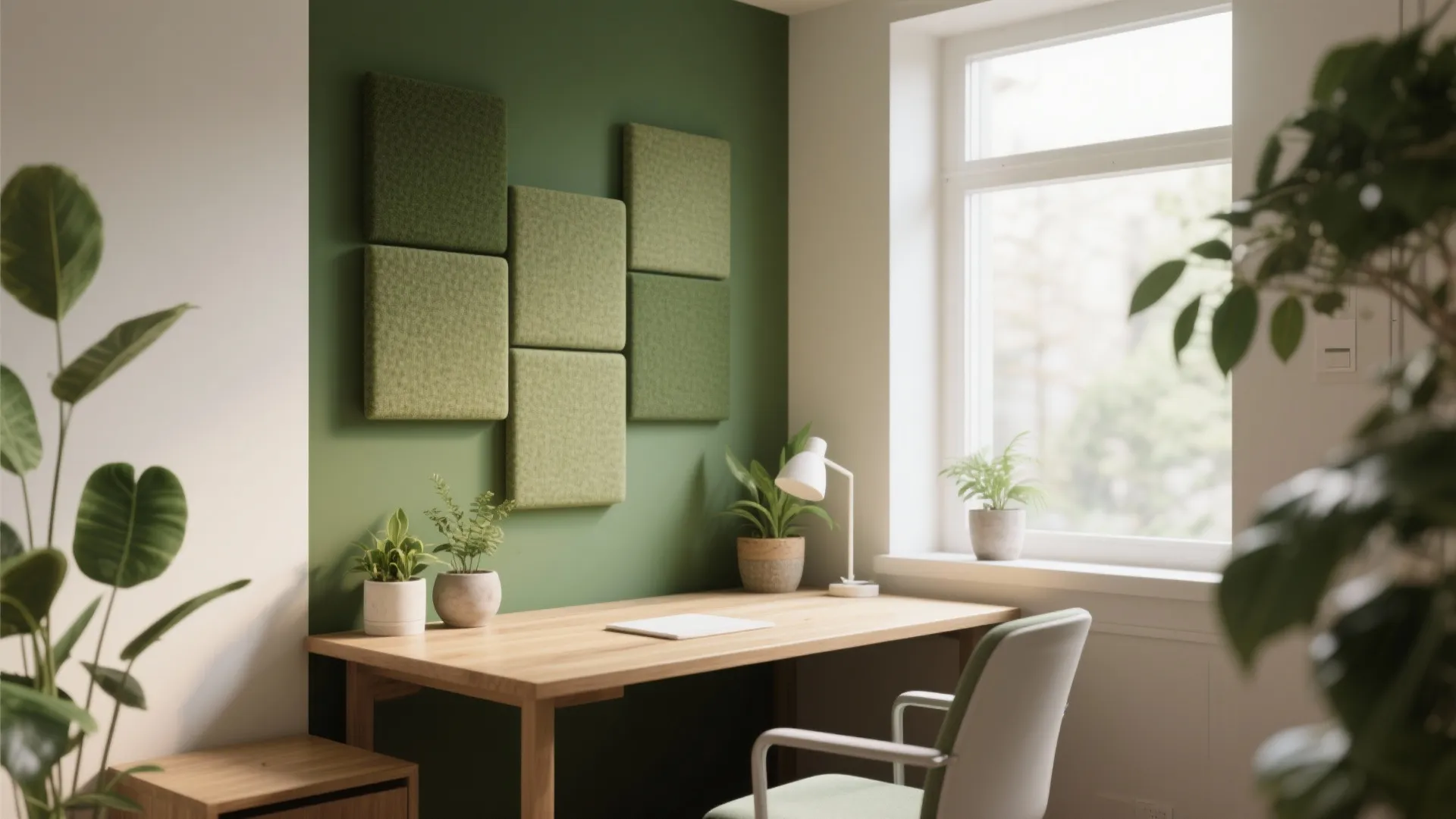 5. Biophilic workspace with acoustic panels