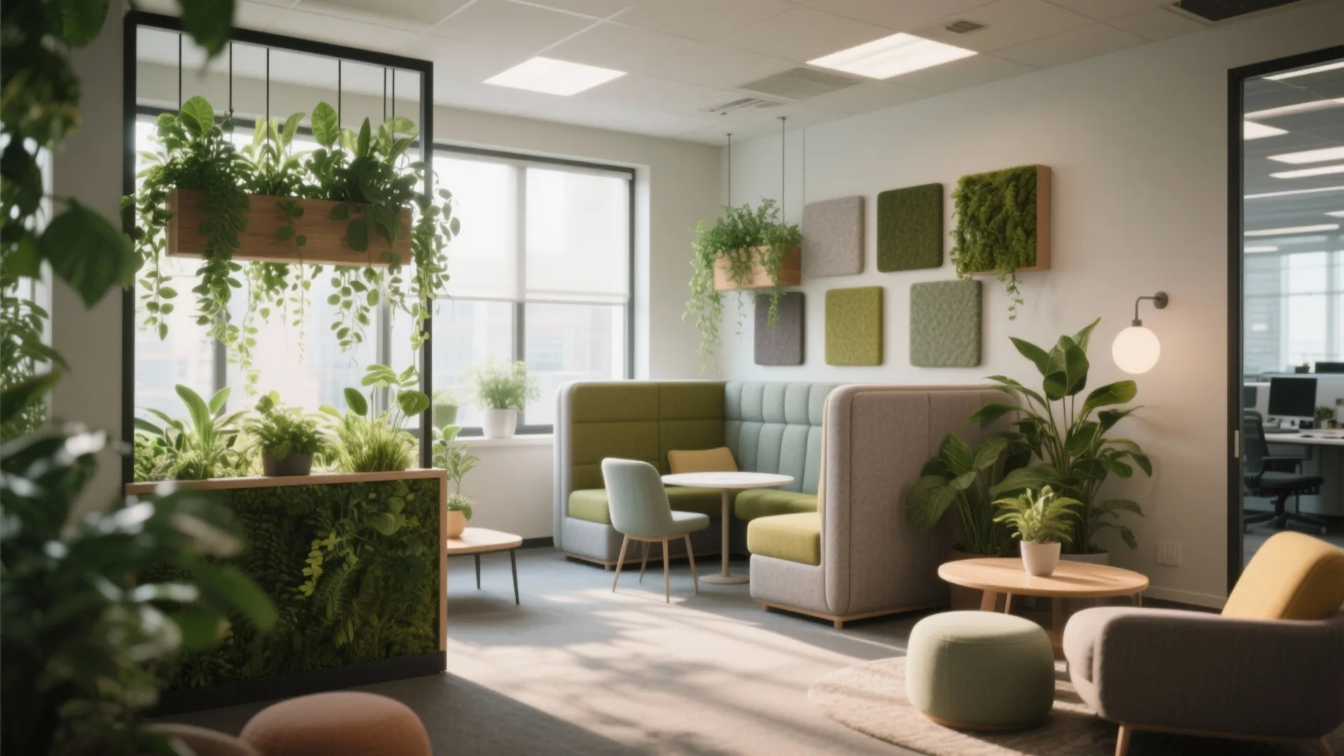 Modern office breakroom with green plants wall panels comfortable seating area wooden tables and windows