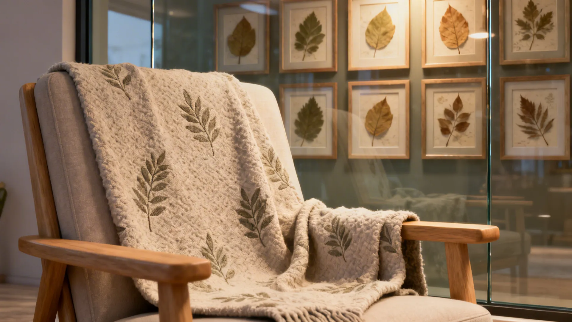 Framed pressed leaves and leaf-motif textiles adding biophilic pattern to a dim living room.