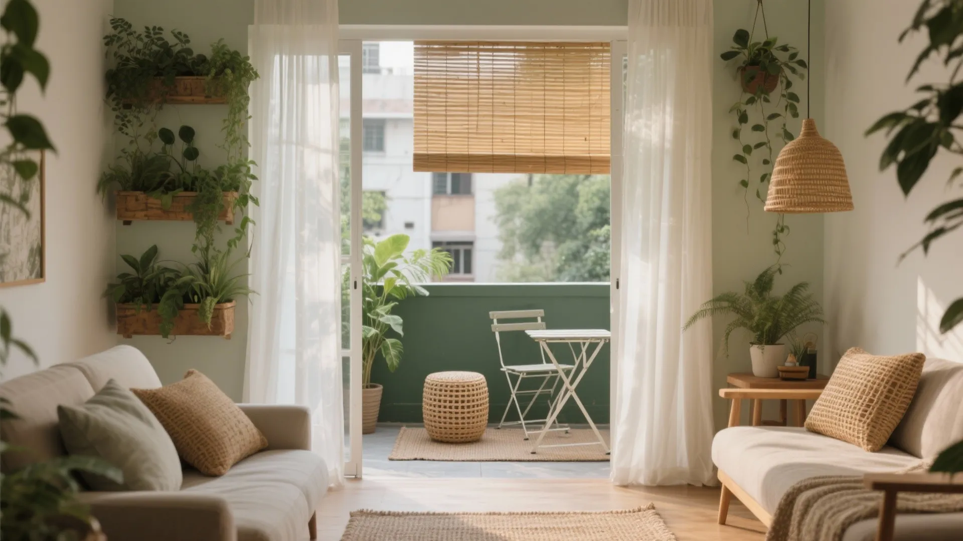 Biophilic Touches: Balcony Green, Light Fabrics, Natural Texture