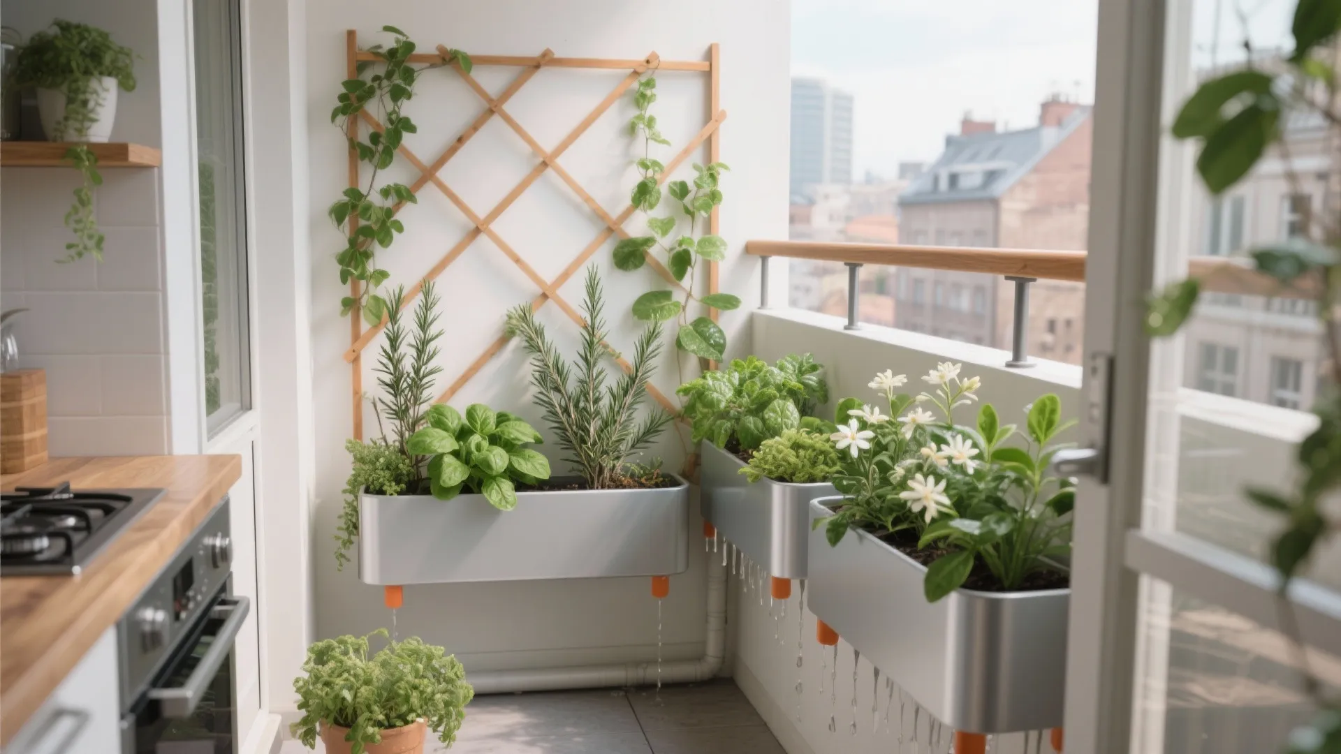 Small kitchen balcony featuring wall-mounted metal planters with green herbs and a wooden wall trellis
