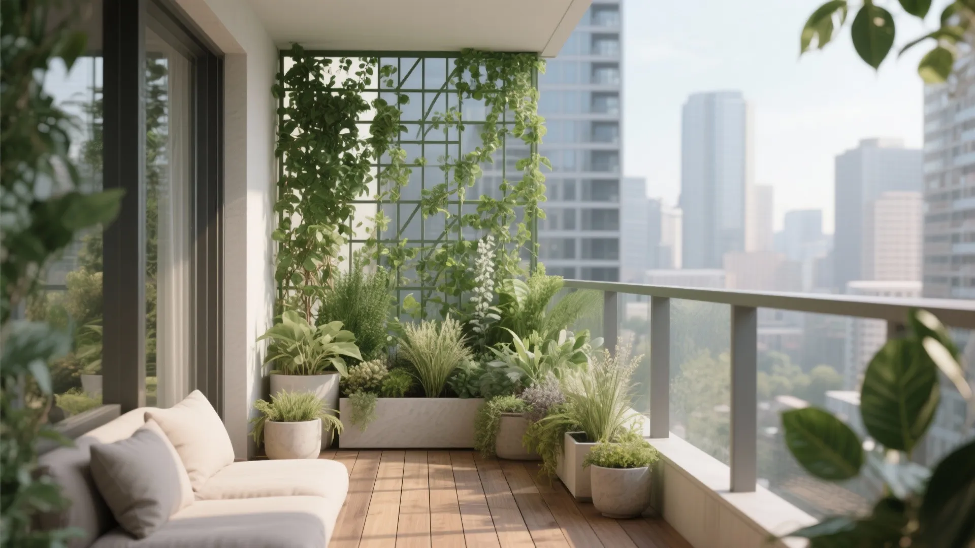 Balcony design with green plants on wall wooden floor white sofa and a city view