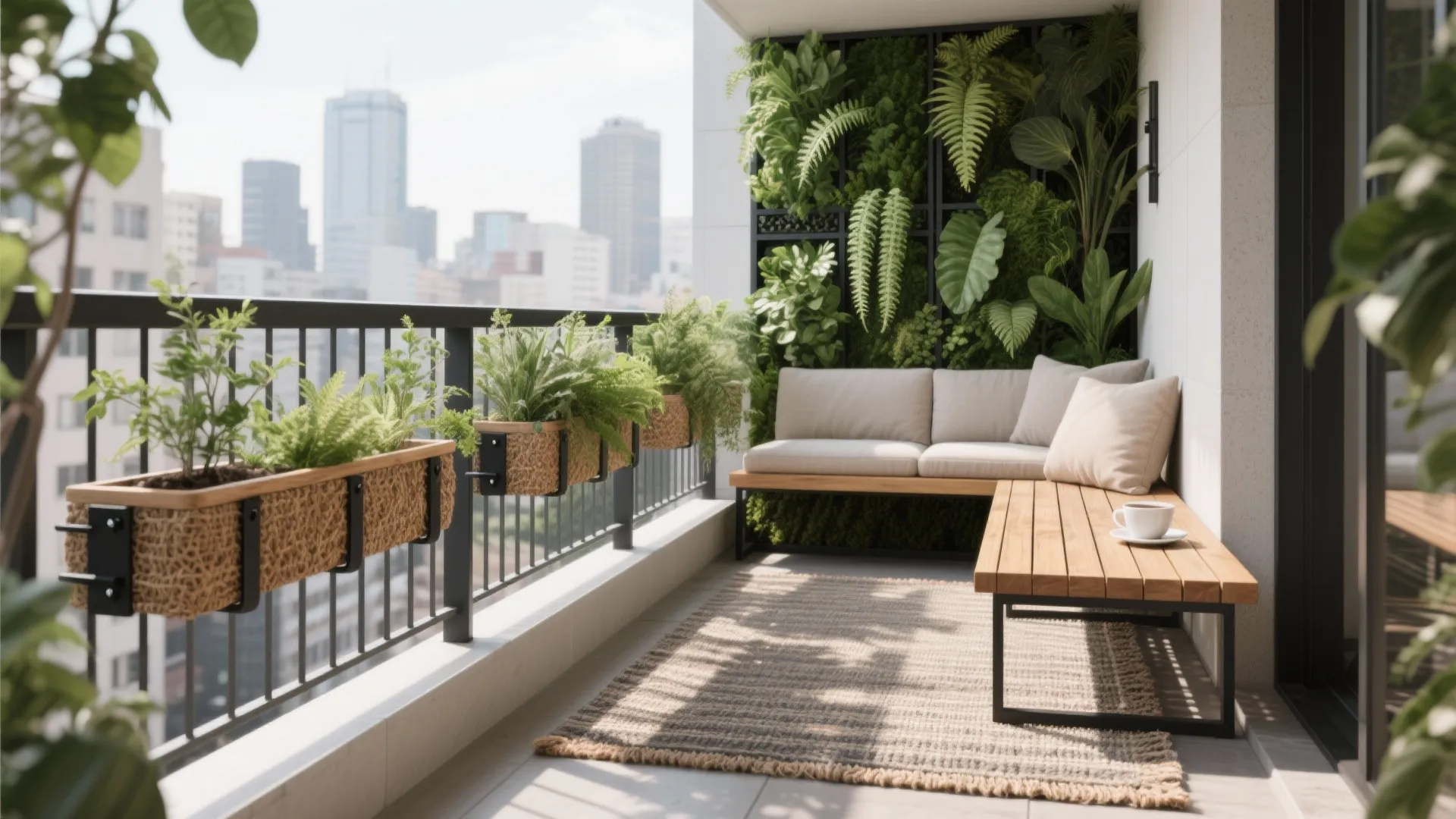 Small balcony with vertical planters, slim bench, and layered greenery.