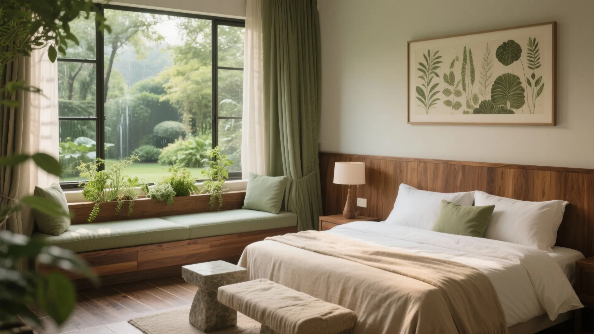 Biophilic bedroom featuring a wooden bed and window seat with green plants and garden view