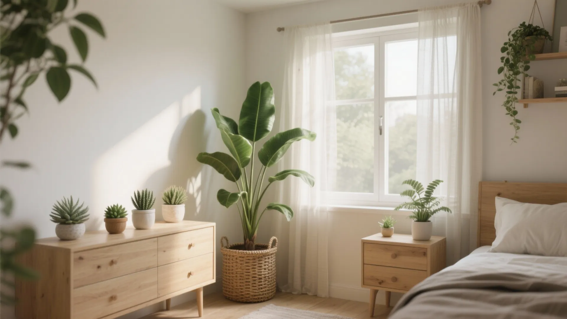 Bright bedroom interior with many green plants, wooden cabinet, bedside table, and white window curtains