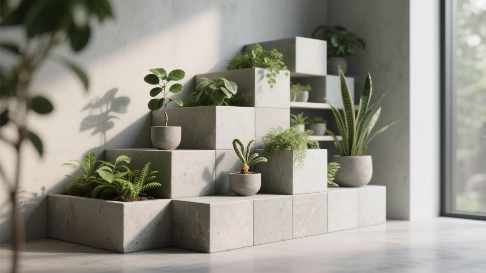 Grey stone block stairs used as plant stands with many green indoor plants and natural light