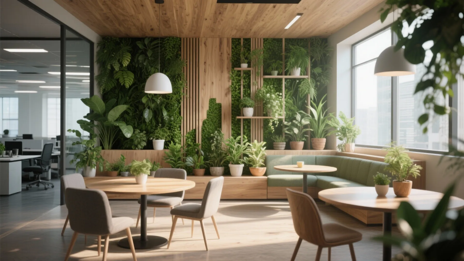 Modern office breakroom with green plant wall wooden furniture round tables chairs and natural light