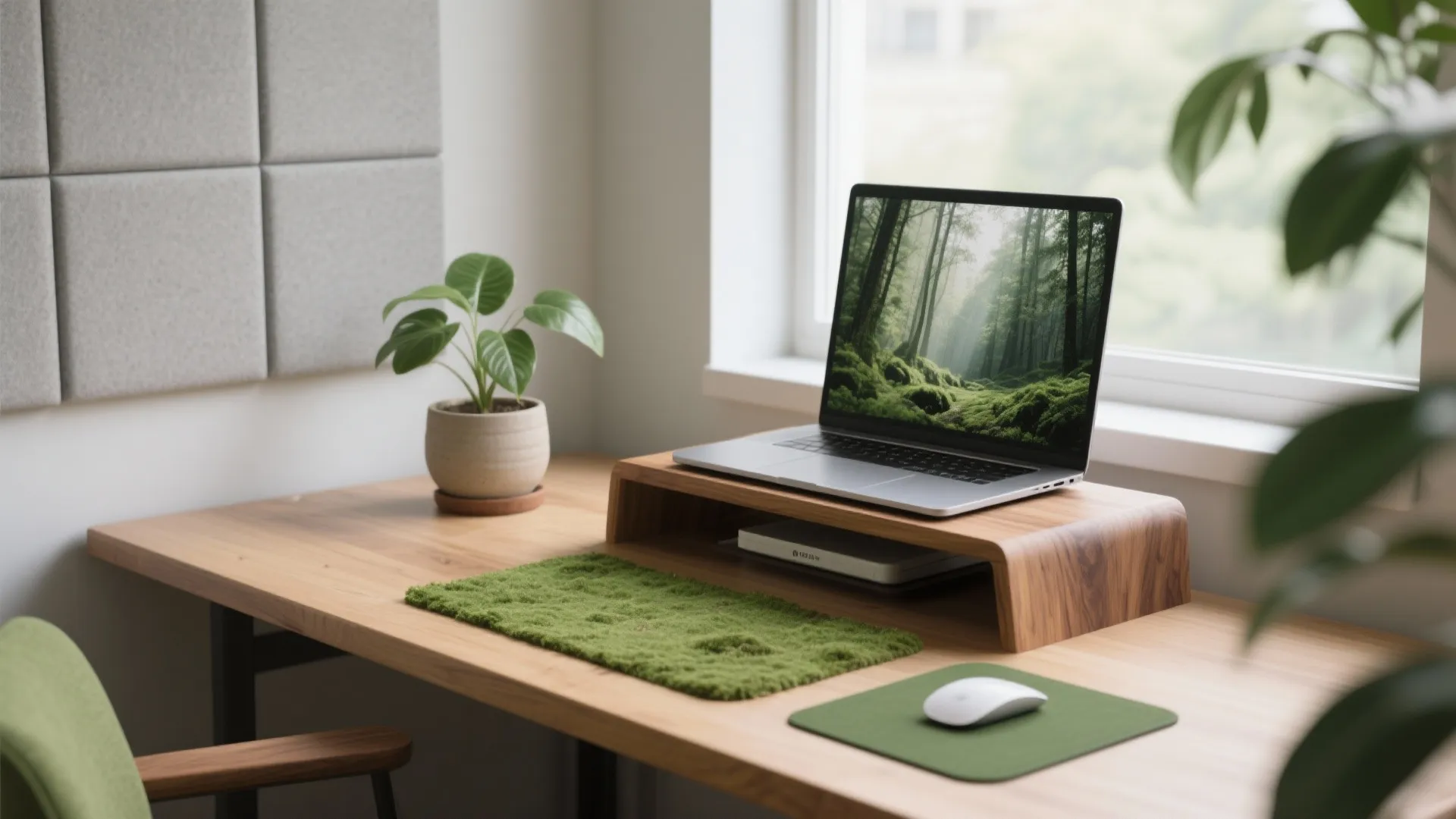 Biophilic calm: wood, green, and daylight