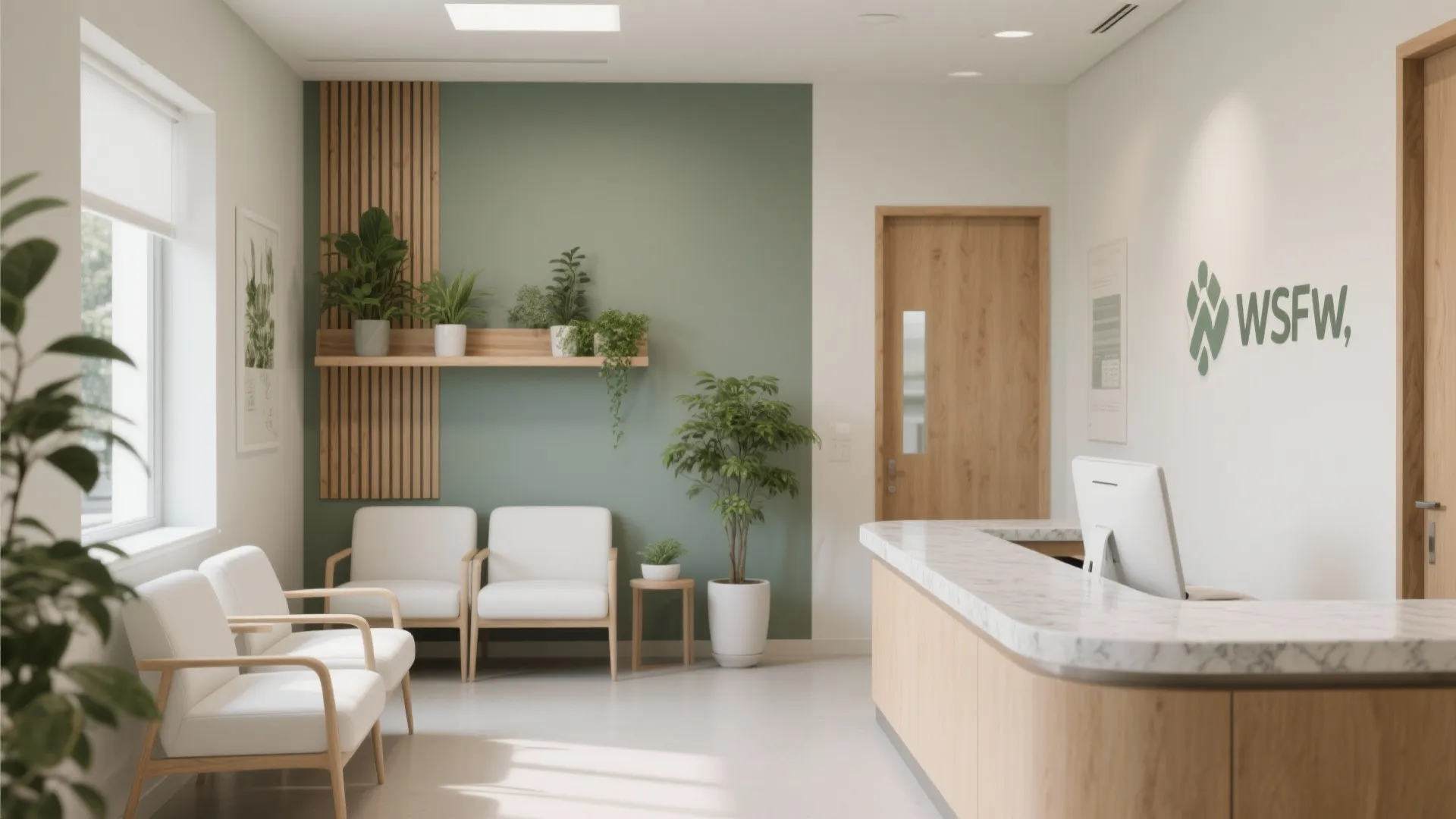 Modern medical reception area with white chairs green wall plants and a curved wooden desk