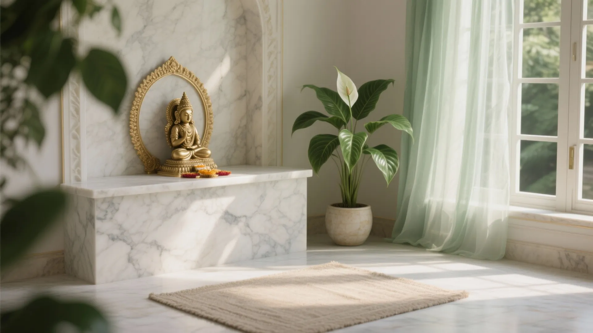 Biophilic marble pooja corner with natural light and sound