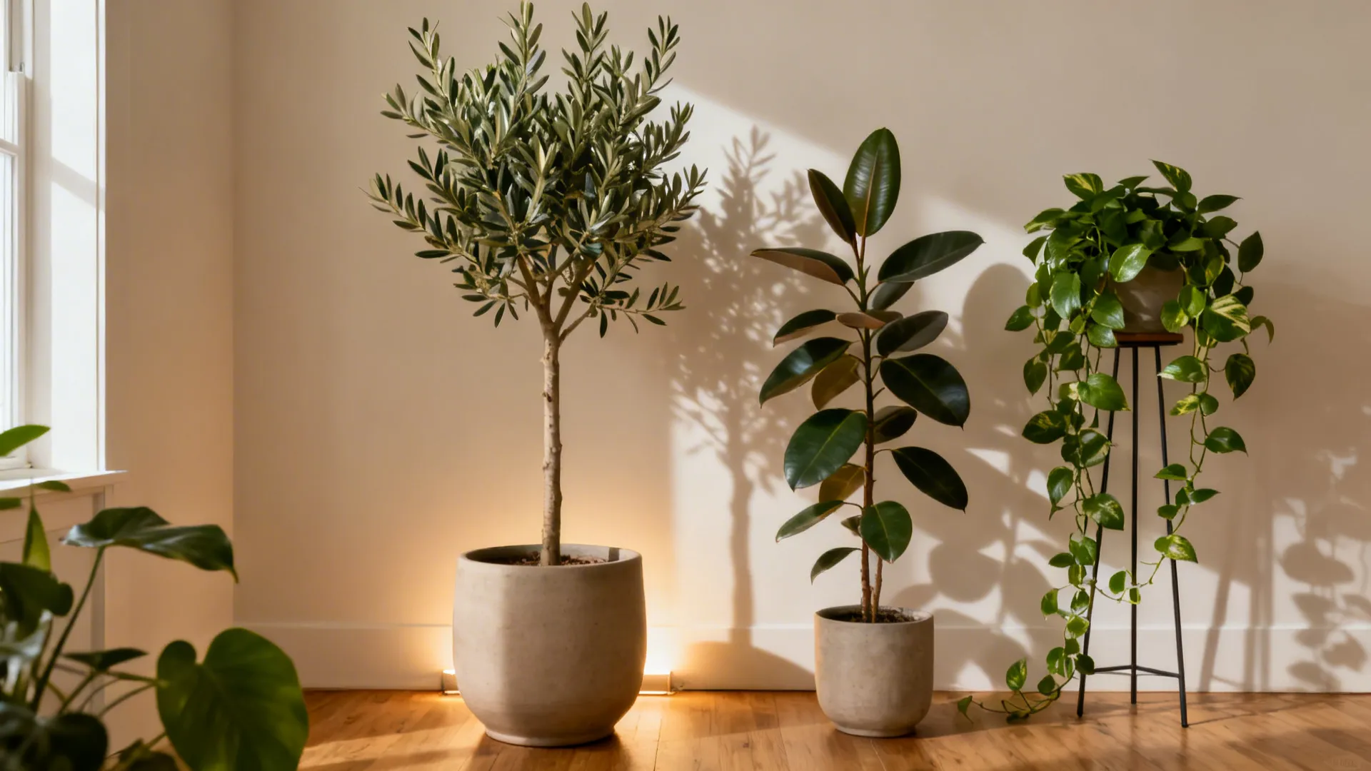Biophilic living room corner with olive tree, rubber plant, and trailing pothos in matte planters.