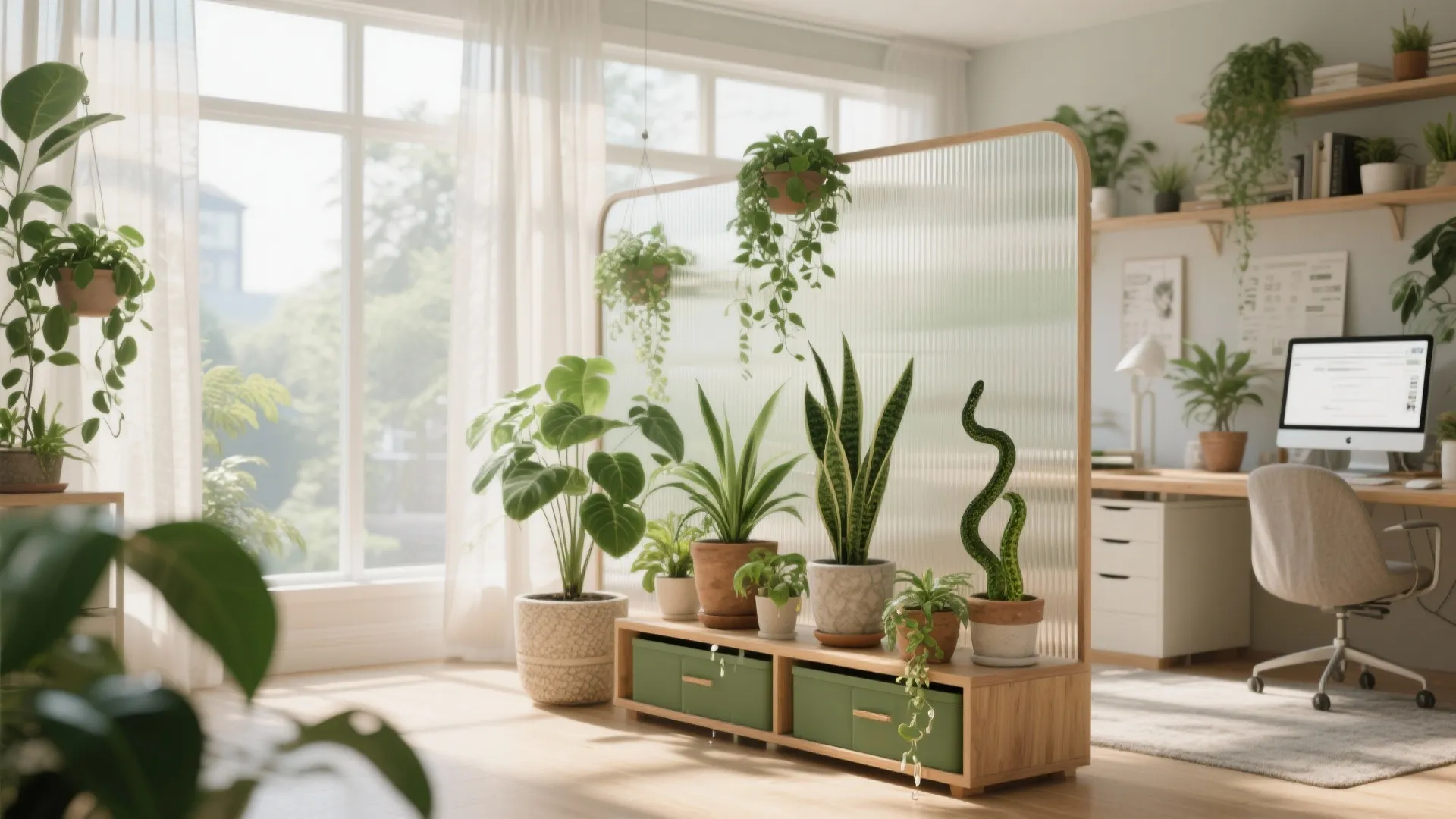 5. Biophilic Workstation with Plants and Privacy Screens