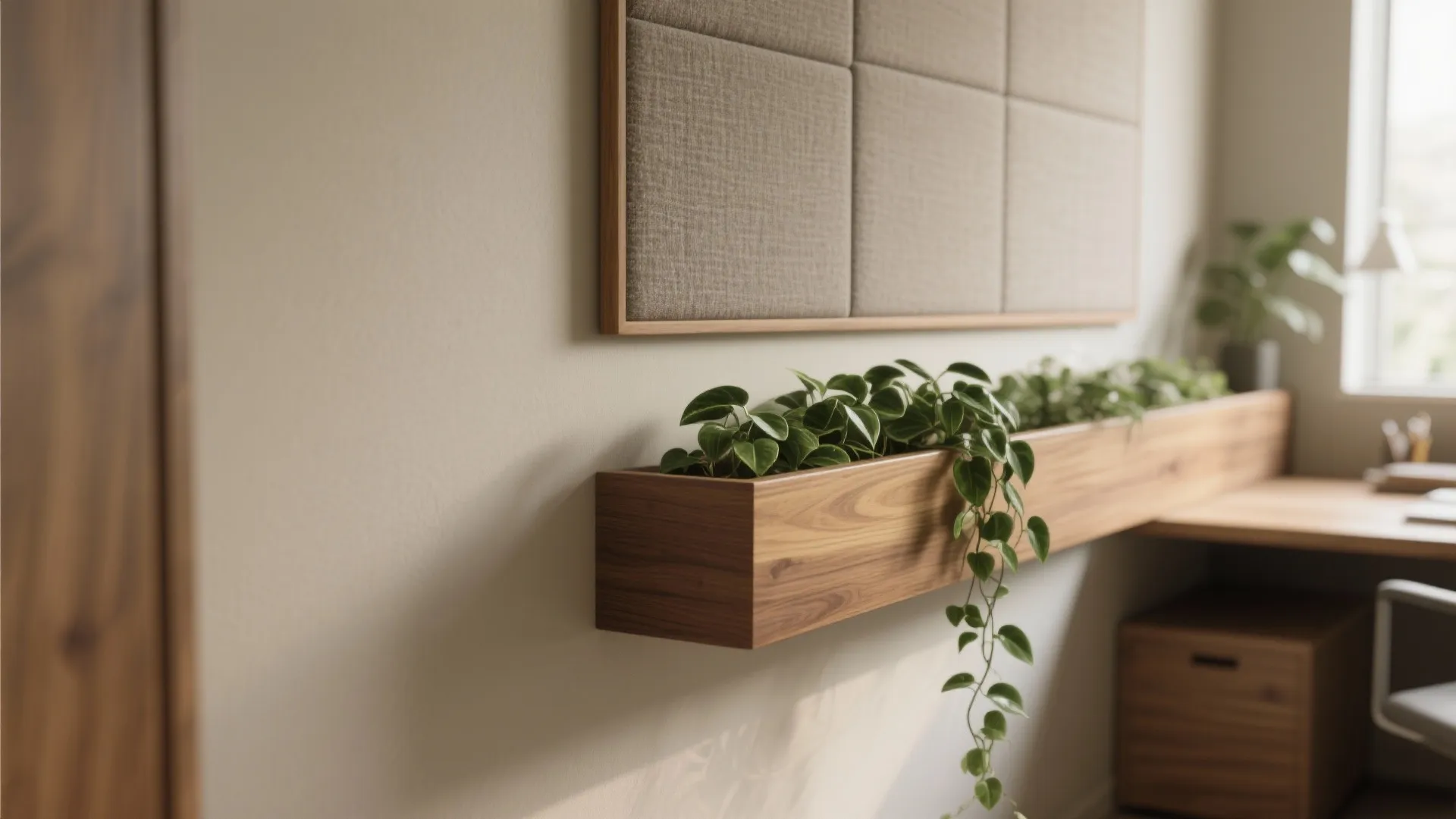 Wooden wall mounted planter box with green climbing plants below a fabric wall panel design