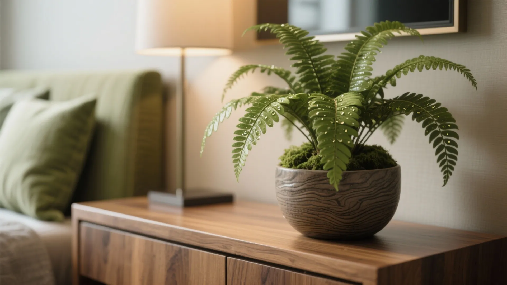 Close-up of biophilic touches: potted fern and natural wood accents in a hotel suite.