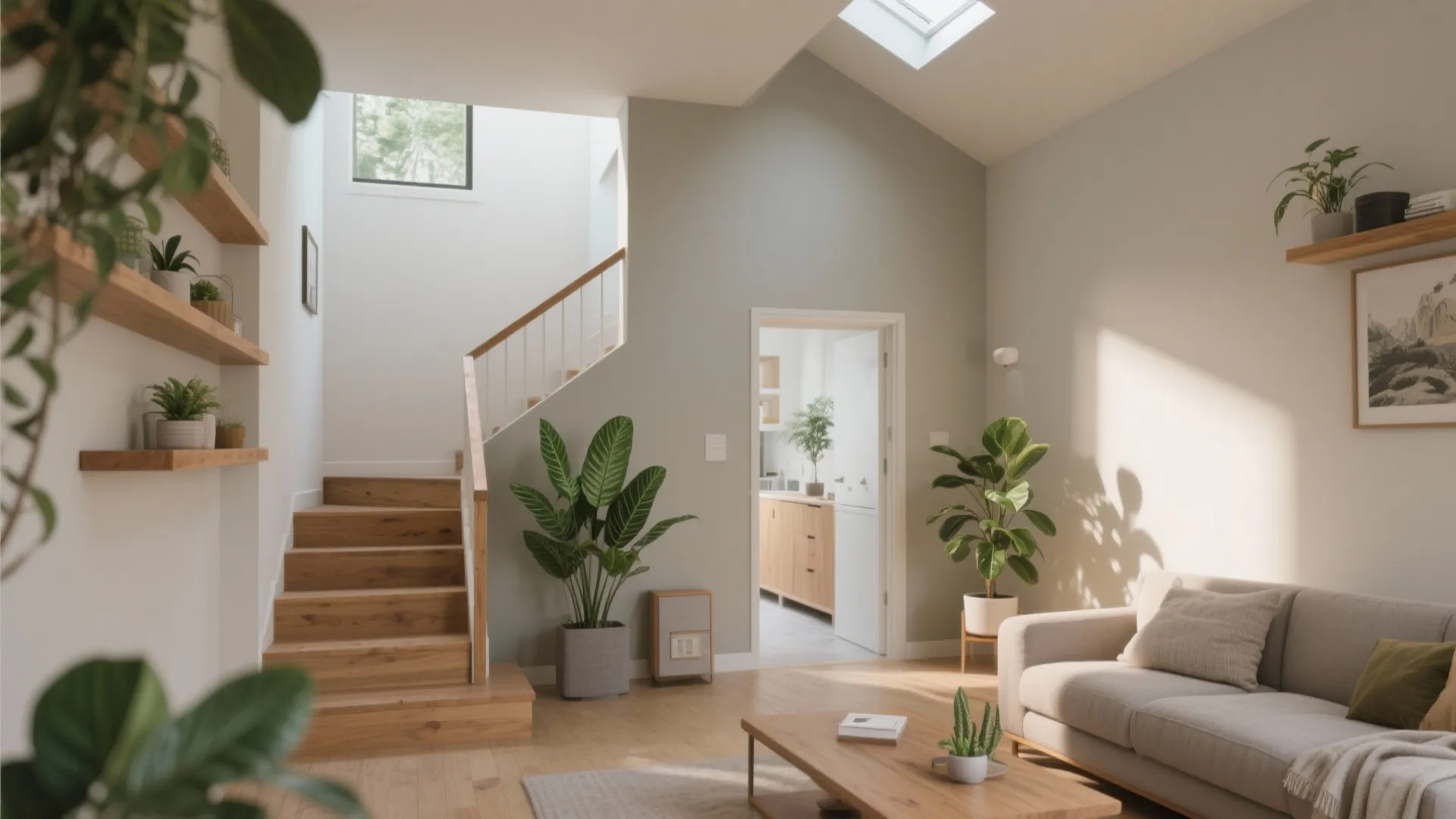 Bright living room with wooden stairs green indoor plants grey sofa and a small roof window