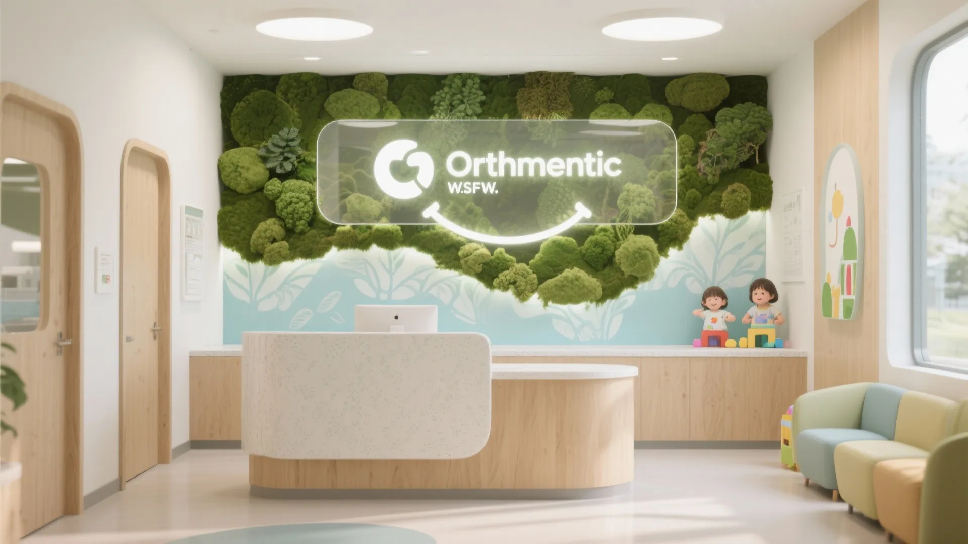 Clinic reception desk with a large green moss wall feature light wood furniture and children area