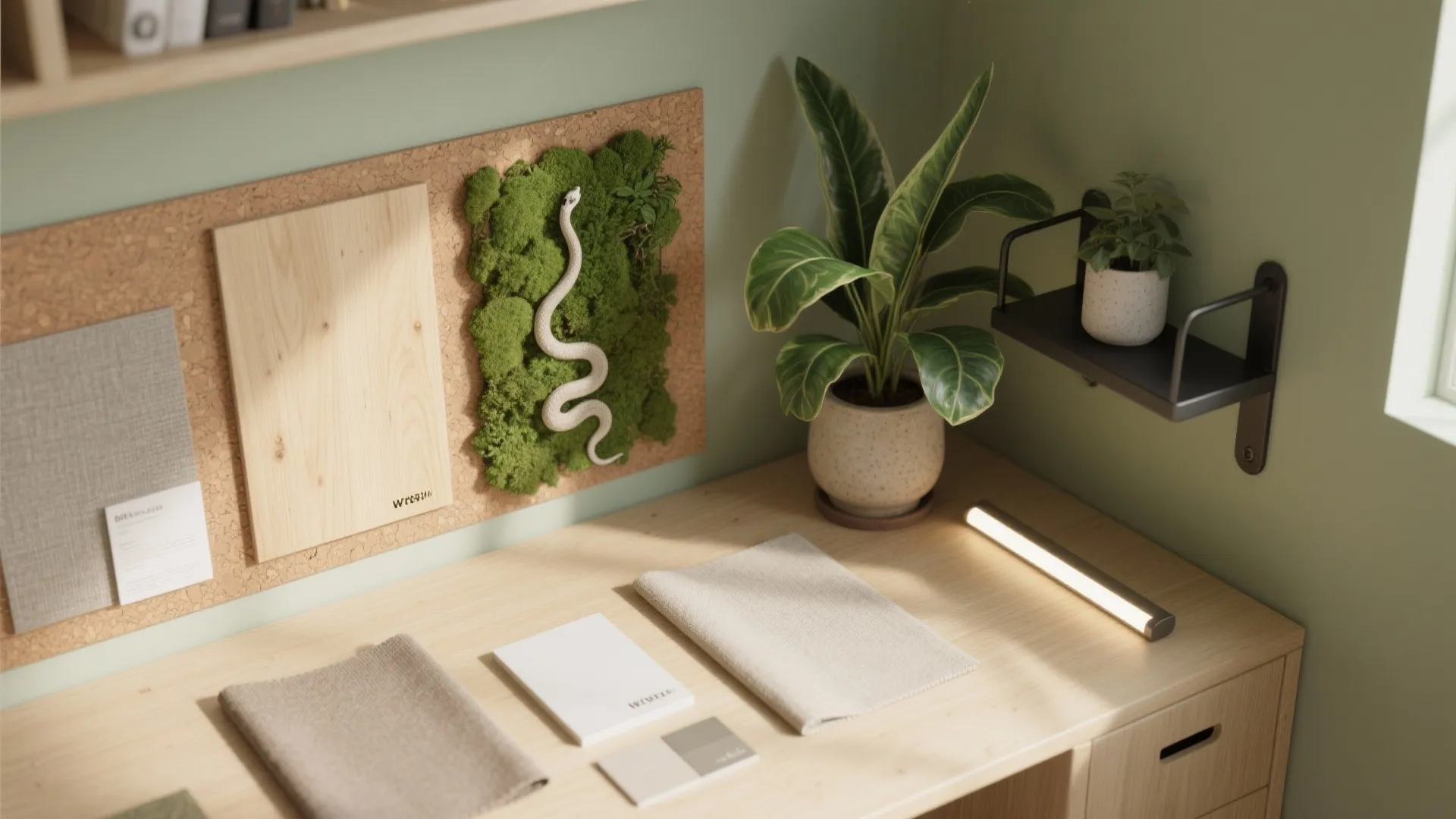 Flat lay of biophilic materials: cork, light oak, moss sample, plant leaves, fabric swatch, LED strip, and planter.