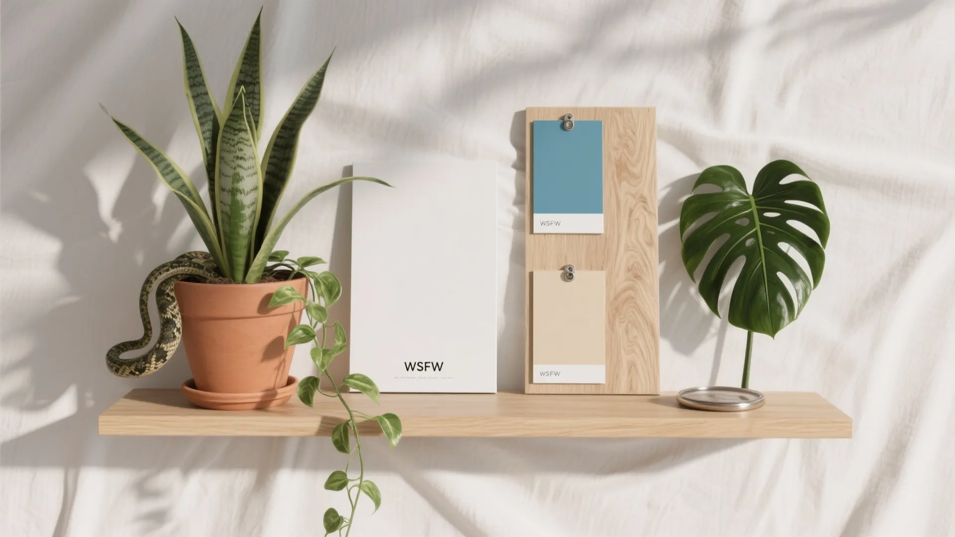 Wooden shelf with green potted plants white book and color samples on a wood board