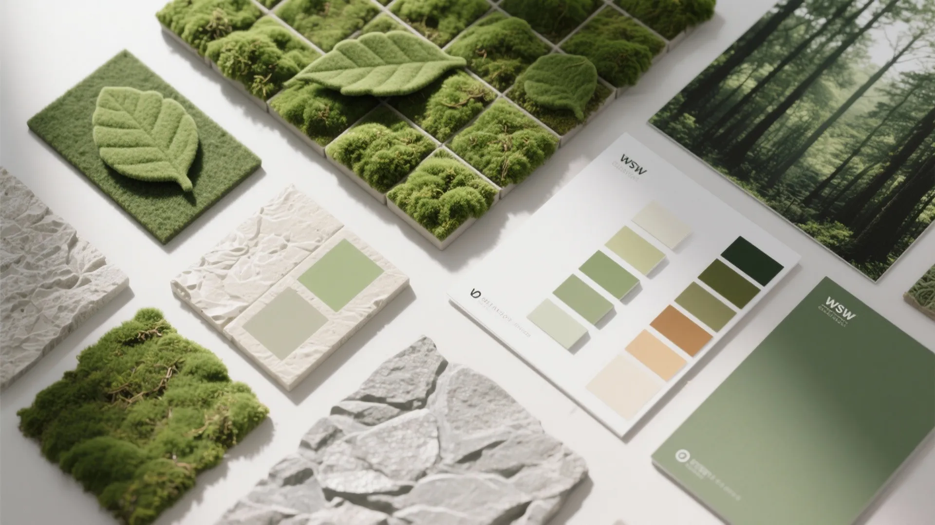 Interior design mood board with green moss samples stone textures leaf patterns and color swatches