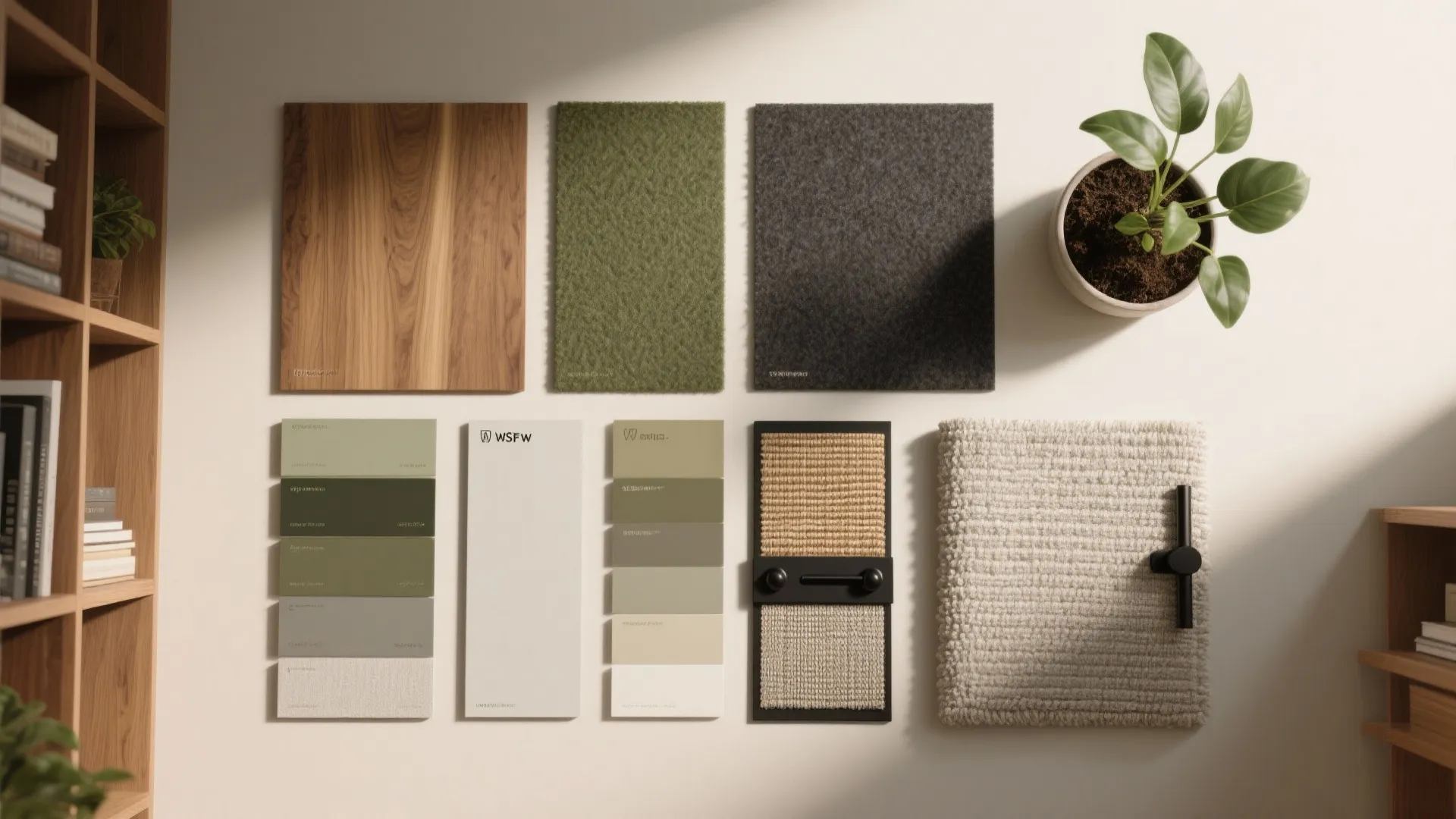 Top-down material flat lay of oak laminate, acoustic felt, low-sheen paint chips, rug, hardware, and plant clipping.