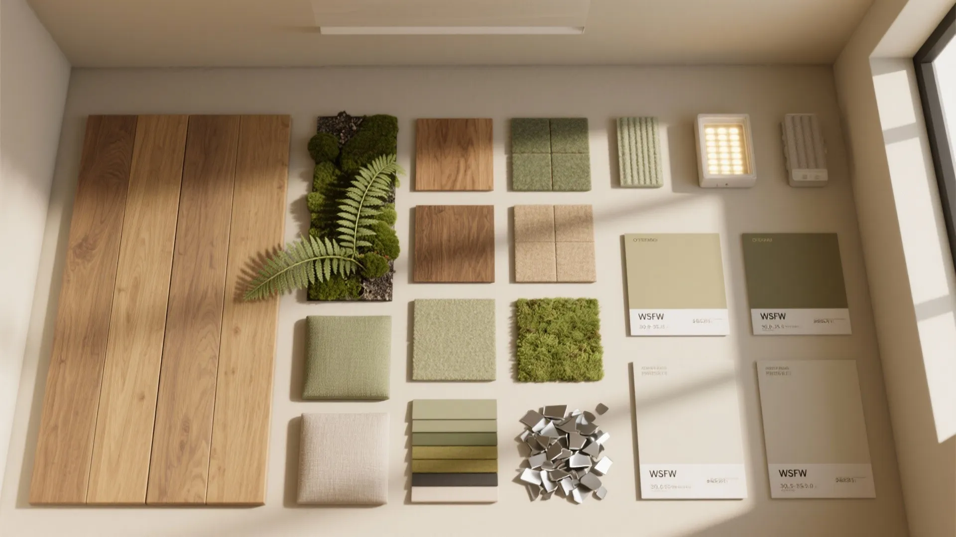 Interior design material board with wood planks green fabric samples moss and various paint colors
