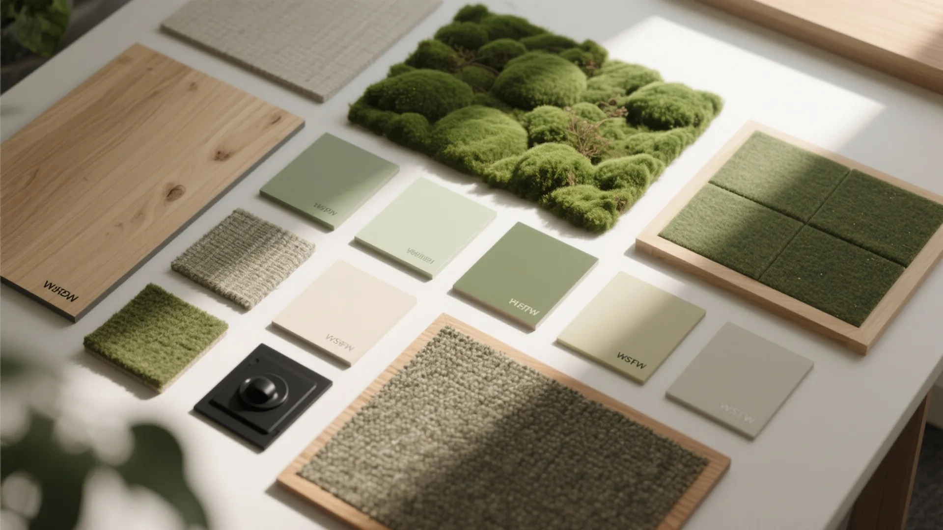 Material mood board with green moss samples wood panels fabric swatches and natural color paint tiles