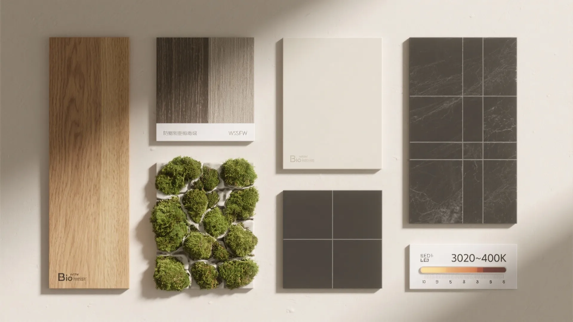 Interior design material board with wood, stone tiles, green moss, and light color palette samples