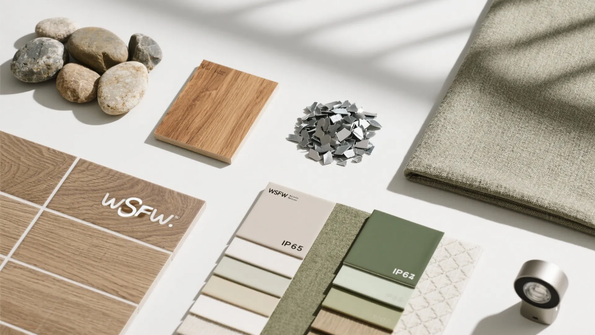 Biophilic palette: warm woods, textured stone, and night lighting